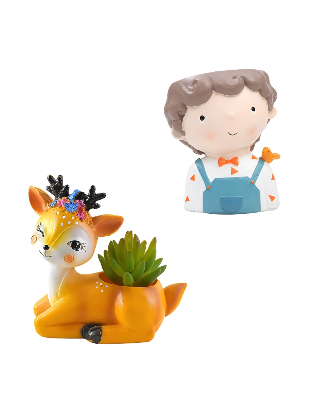

WENS Orange & White 2 Pieces Resin Baby Deer & Baby Boy Succulent Flower Planters