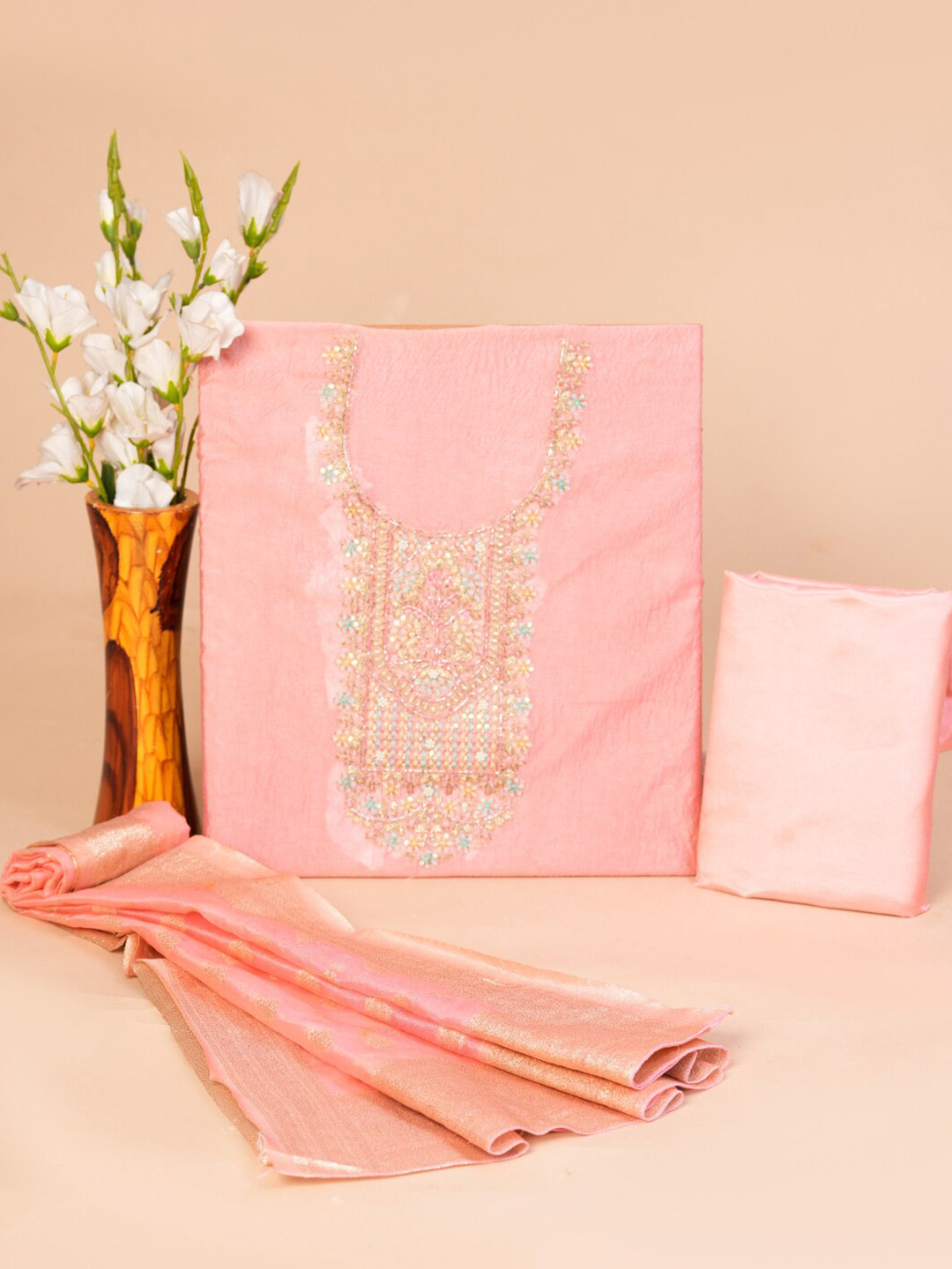 

HIGHLIGHT FASHION EXPORT Floral Embroidered Chanderi Silk Unstitched Dress Material, Pink