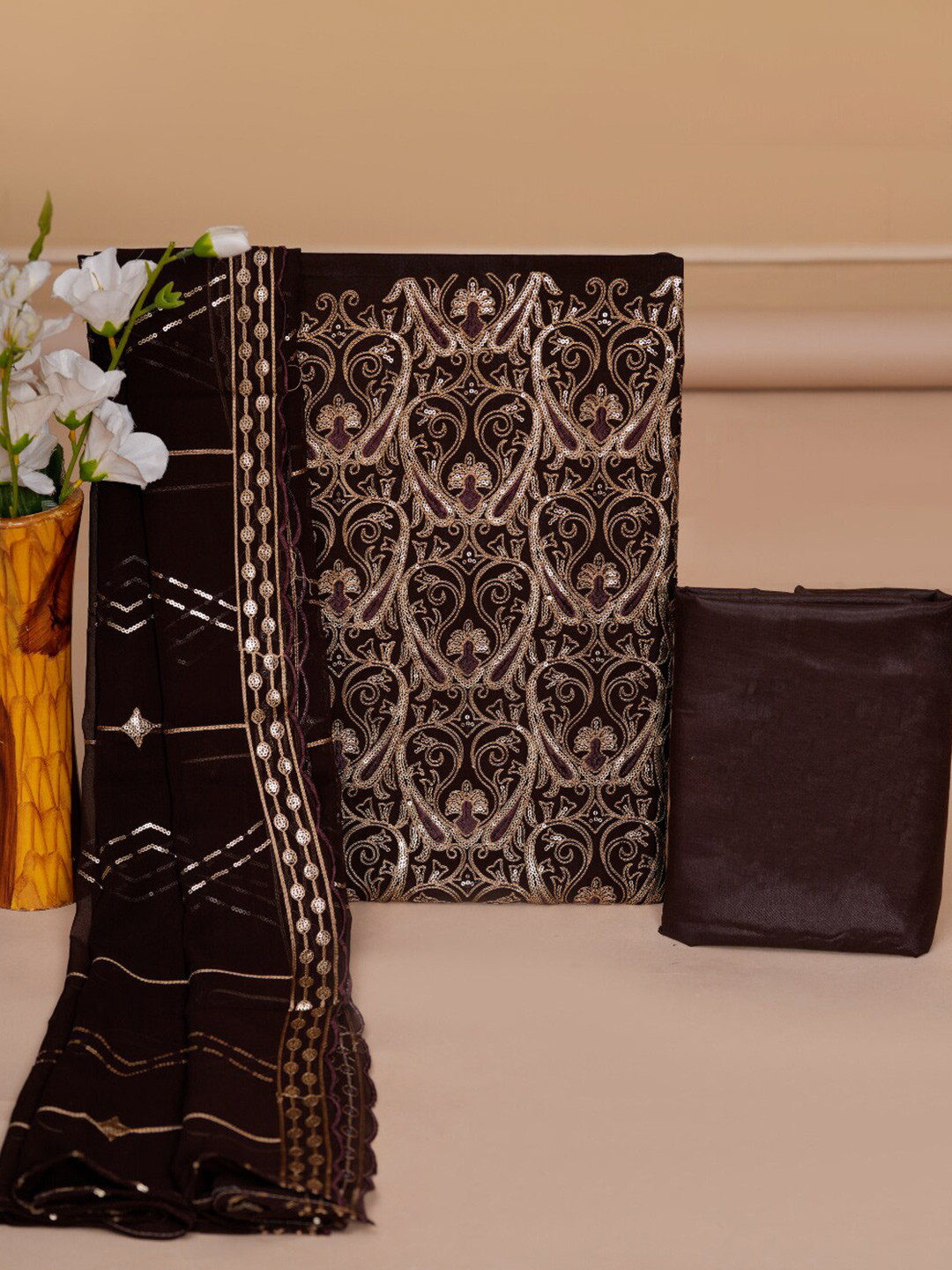 

HIGHLIGHT FASHION EXPORT Ethnic Motifs Embroidered Silk Chiffon Unstitched Dress Material, Purple