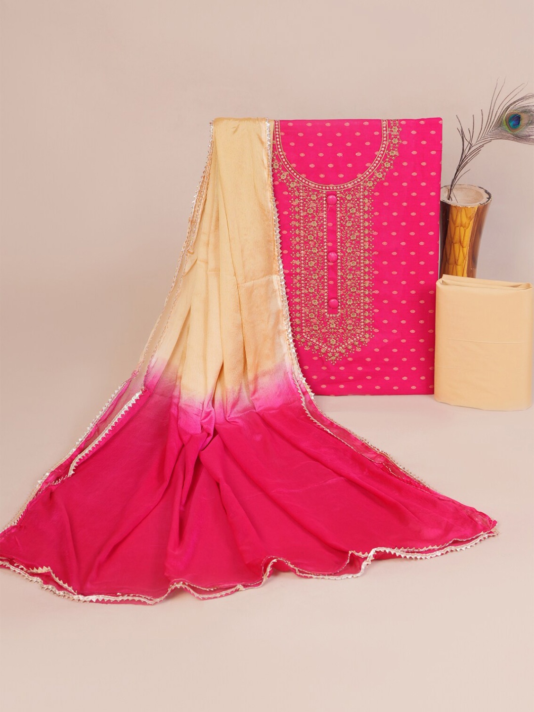 

HIGHLIGHT FASHION EXPORT Floral Woven Design Pure Cotton Unstitched Dress Material, Pink