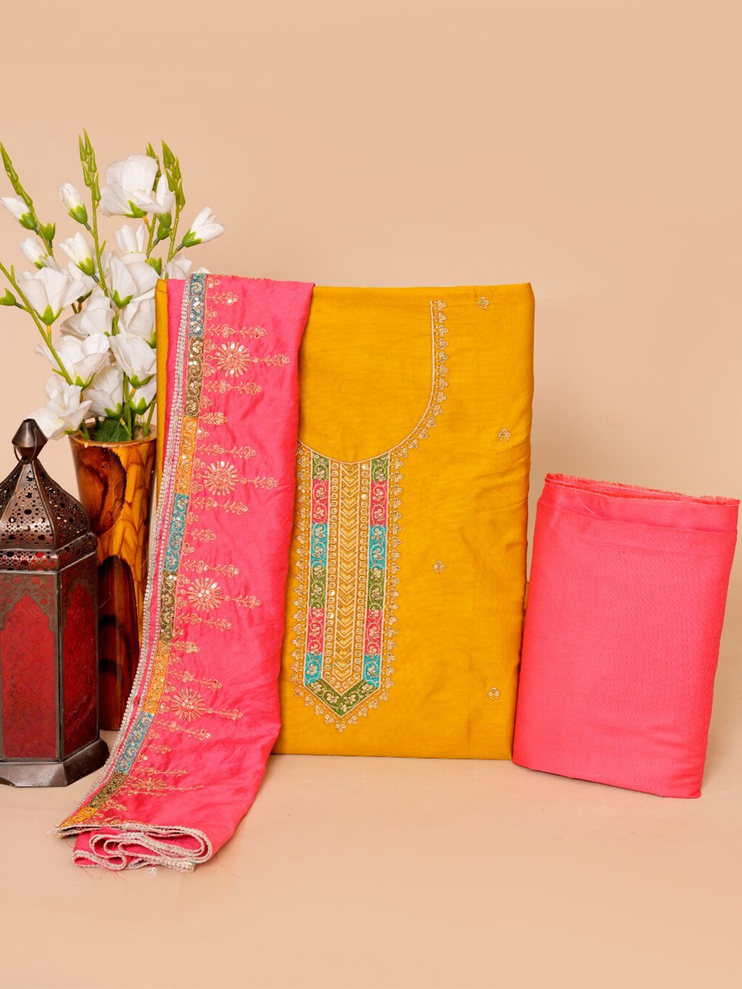 

HIGHLIGHT FASHION EXPORT Embellished Pure Silk Unstitched Dress Material, Mustard