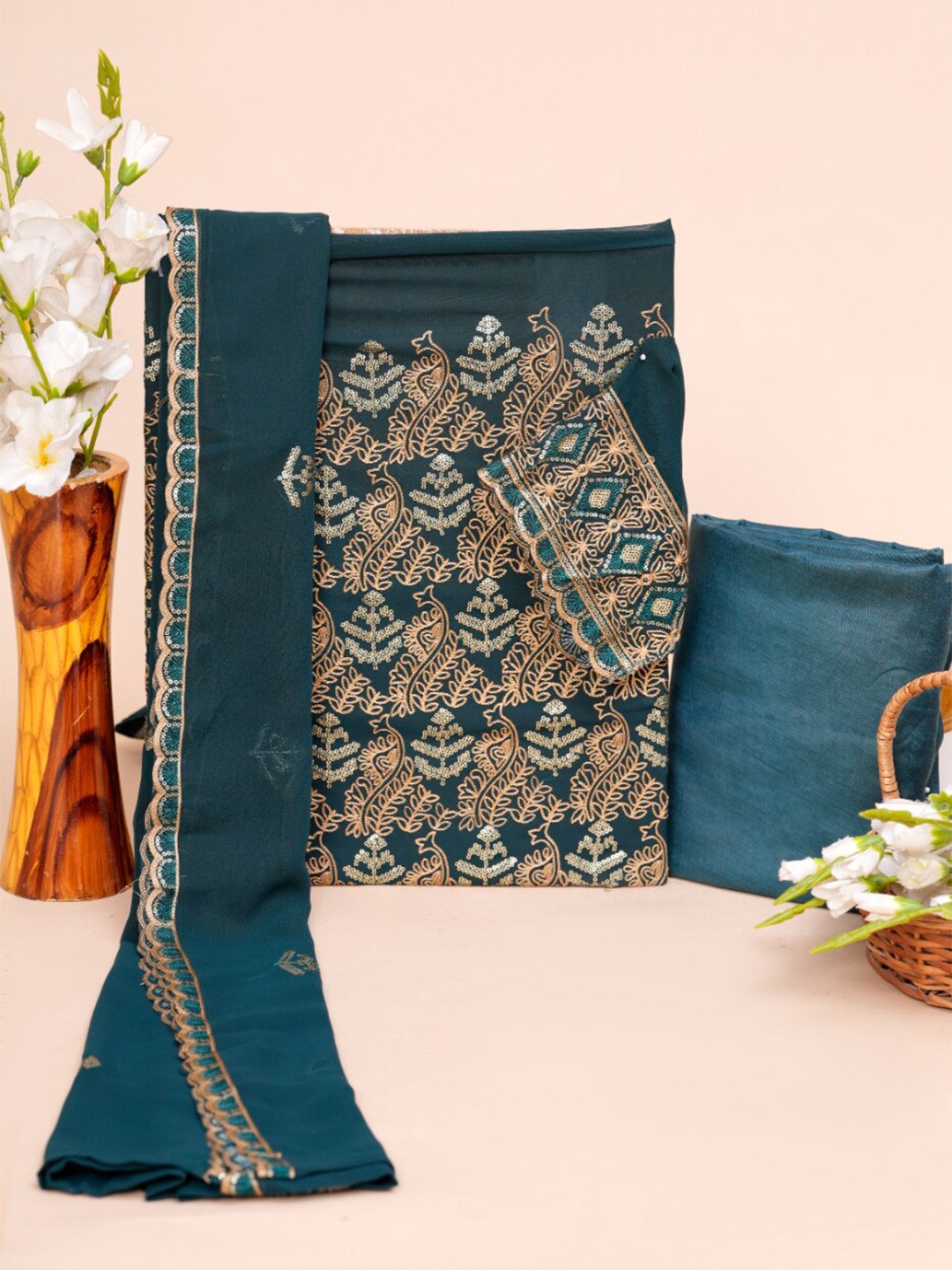 

HIGHLIGHT FASHION EXPORT Ethnic Motifs Embroidered Pure Cotton Unstitched Dress Material, Teal