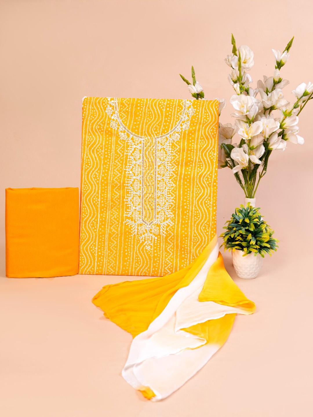 

HIGHLIGHT FASHION EXPORT Bandhani Embroidered Pure Cotton Unstitched Dress Material, Mustard