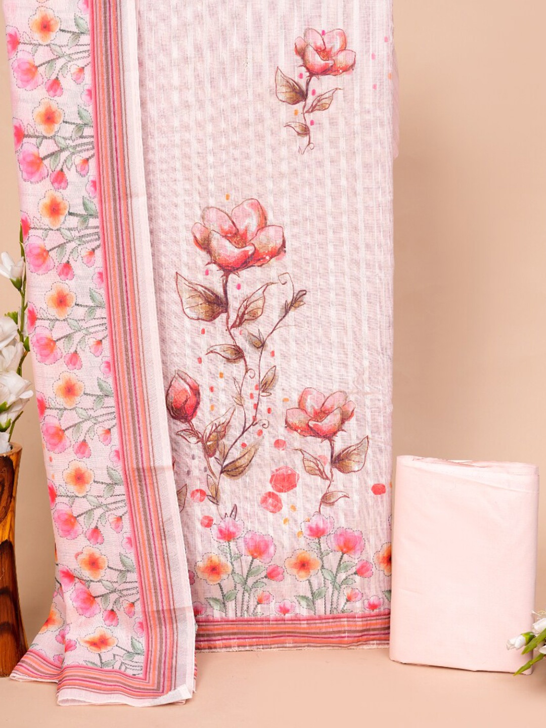 

HIGHLIGHT FASHION EXPORT Floral Printed Pure Cotton Unstitched Dress Material, Pink
