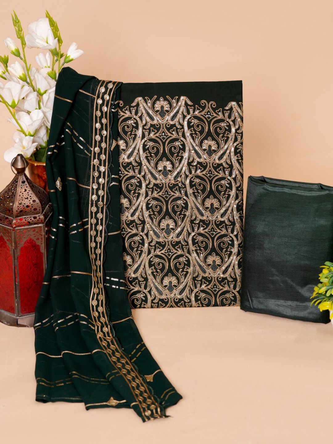 

HIGHLIGHT FASHION EXPORT Ethnic Motifs Embellished Silk Chiffon Unstitched Dress Material, Green
