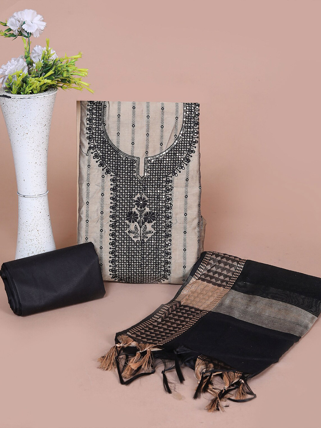 

HIGHLIGHT FASHION EXPORT Ethnic Motifs Embroidered Unstitched Dress Material, Beige