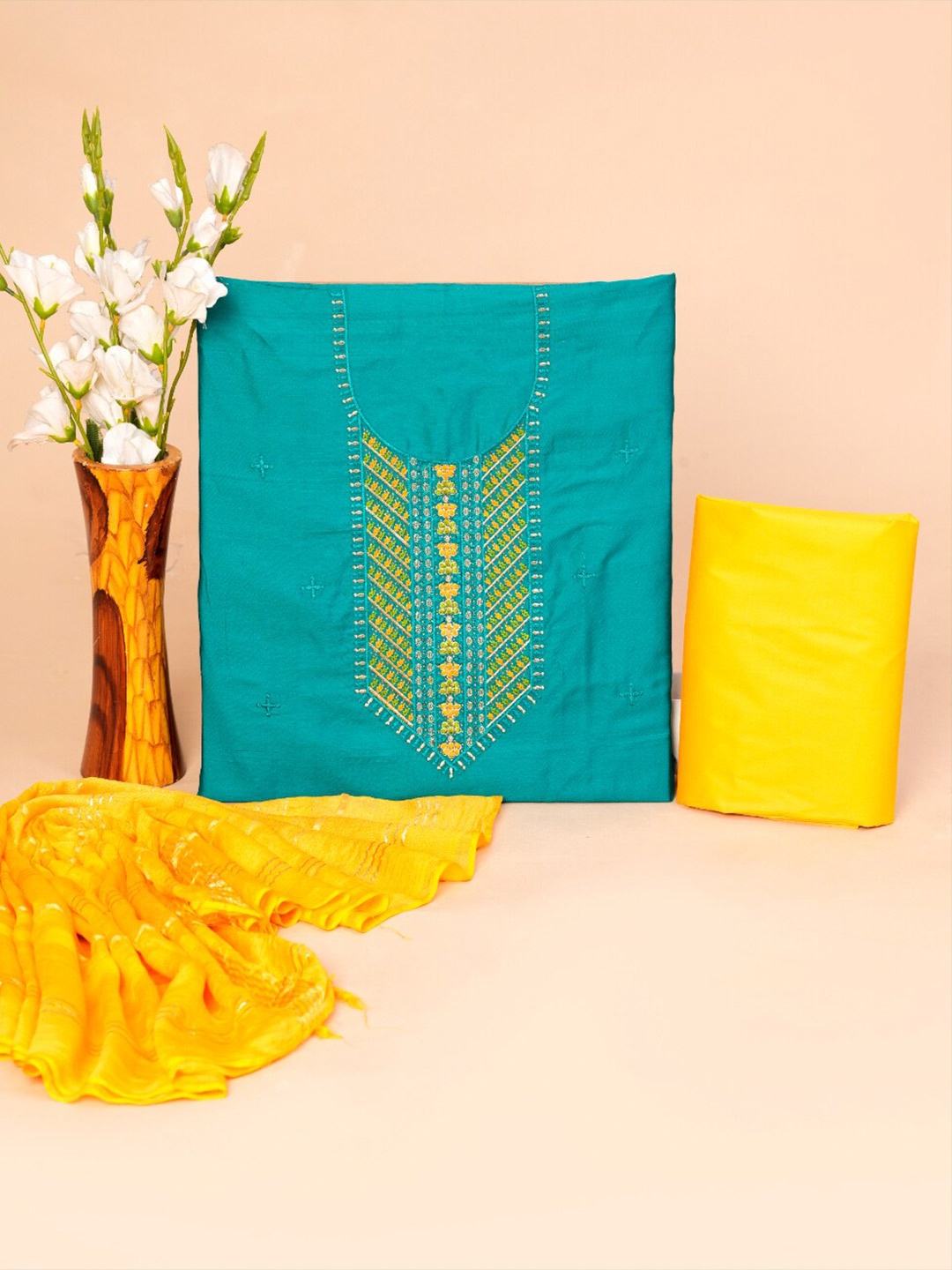 

HIGHLIGHT FASHION EXPORT Geometric Embroidered Pure Silk Unstitched Dress Material, Turquoise blue