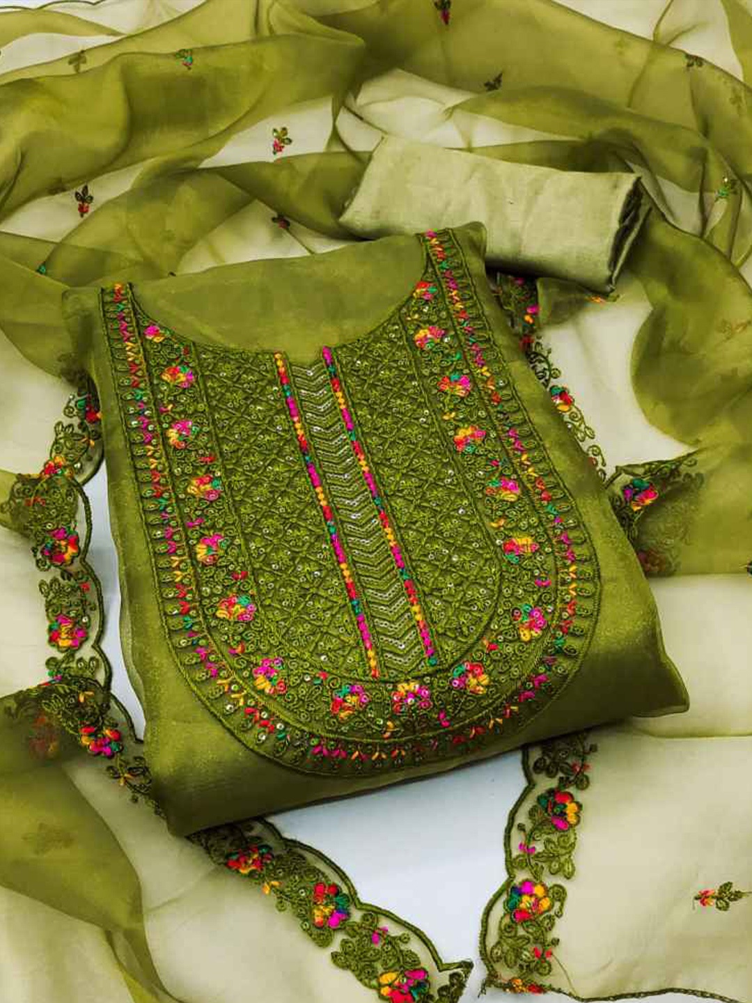 

faxofab Embroidered Organza Unstitched Dress Material, Green