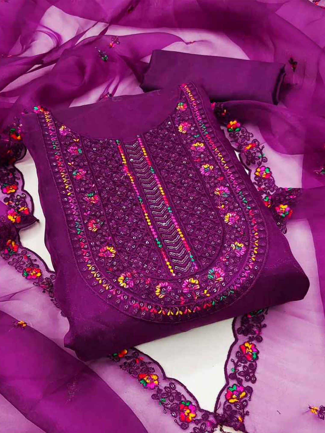 

faxofab Embroidered Organza Unstitched Dress Material, Purple