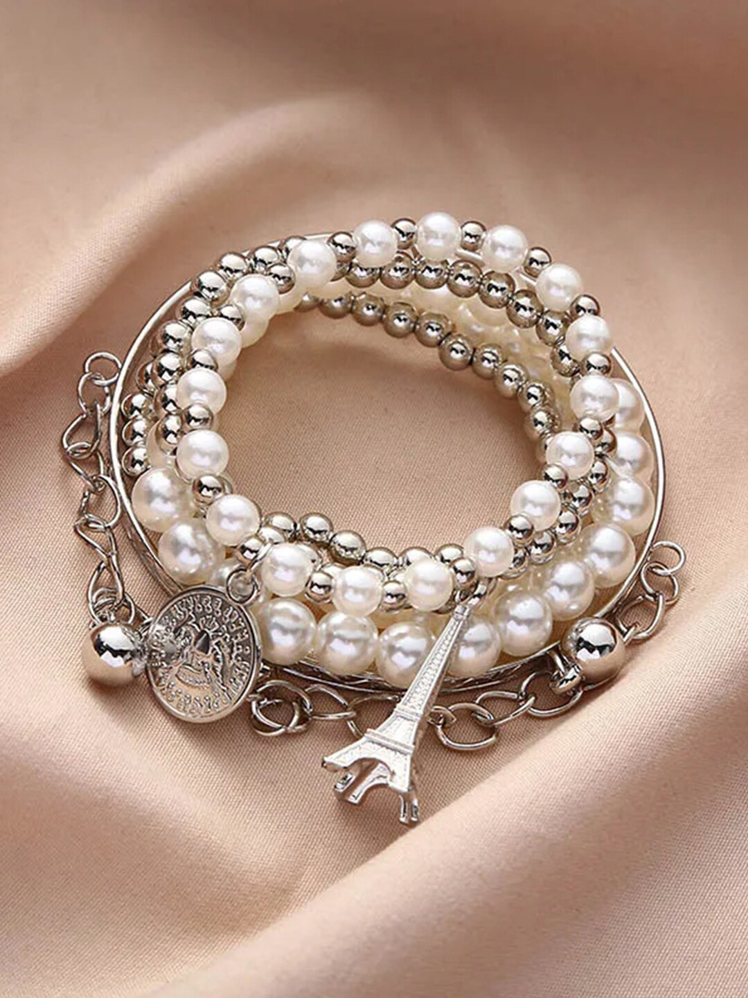 

YouBella Unisex Set of 6 Silver Plated Beaded Elasticated Bracelets