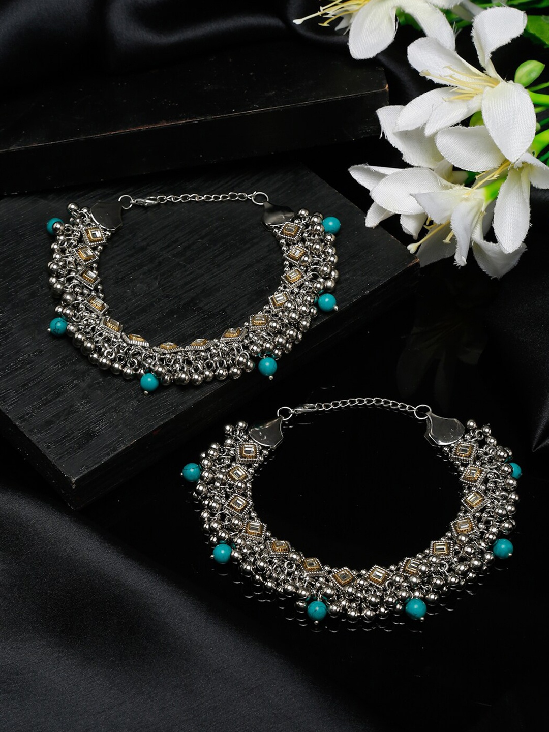 

YouBella Set of 2 Oxidised Silver-Plated Stones Studded and Beaded Anklets