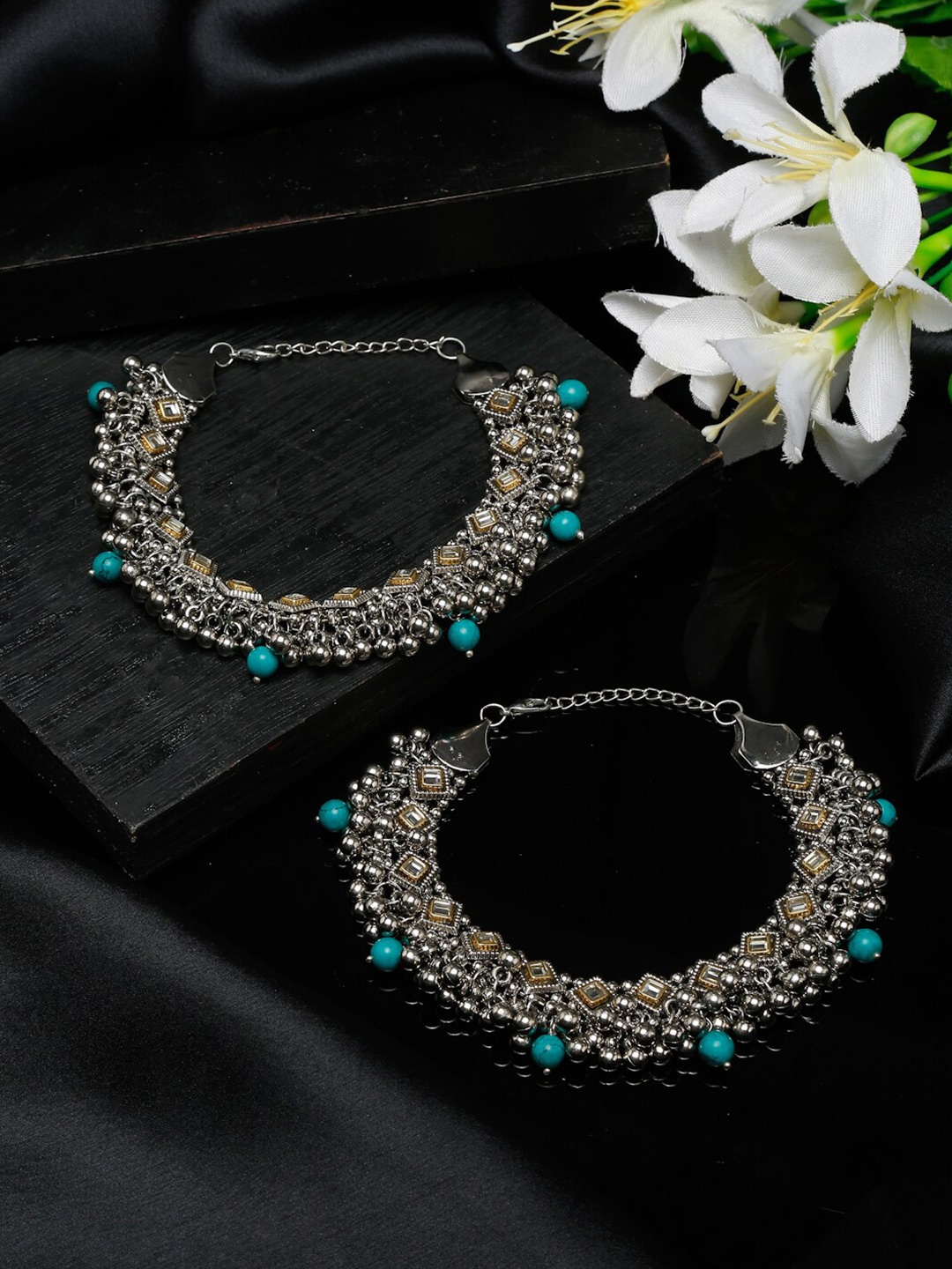 

Sangria Set Of 2 German Silver-Plated Beaded Oxidised Tribal Anklets