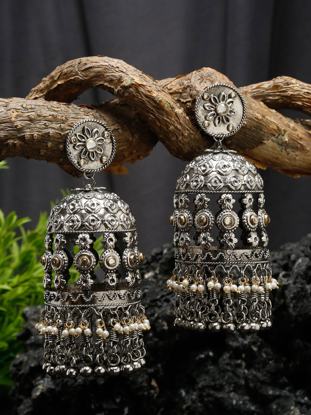 

Sangria Silver-Plated Beaded Weightless Oxidised Jhumkas