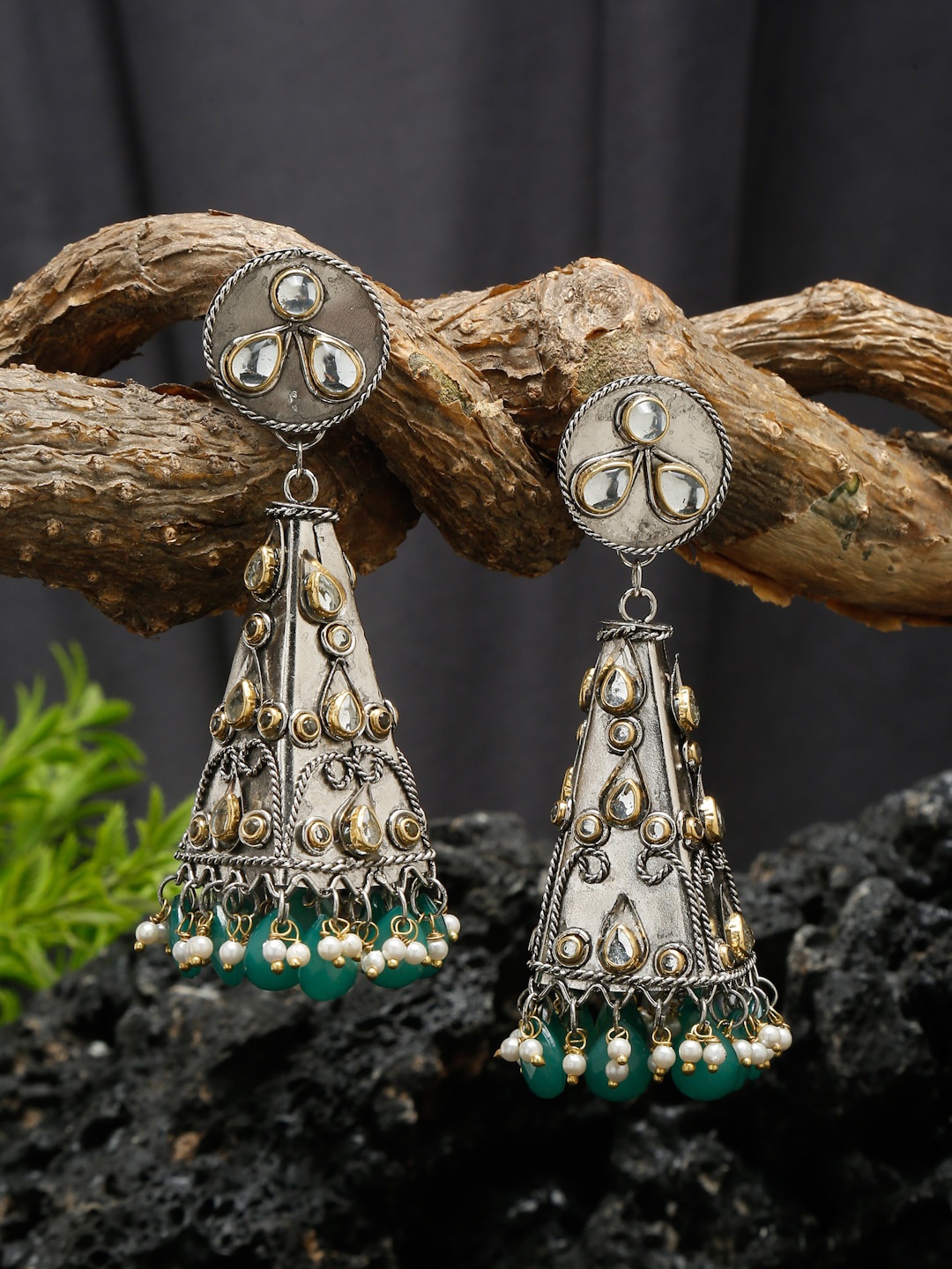 

Sangria Oxidised Silver-Plated Stone-Studded & Beaded Dome Shaped Jhumkas