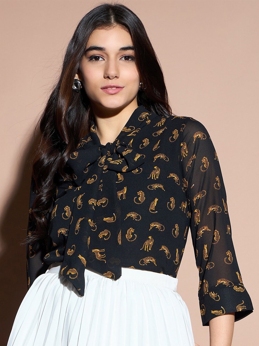 

DressBerry Floral Printed Tie-Up Neck Long Sleeves Top, Black