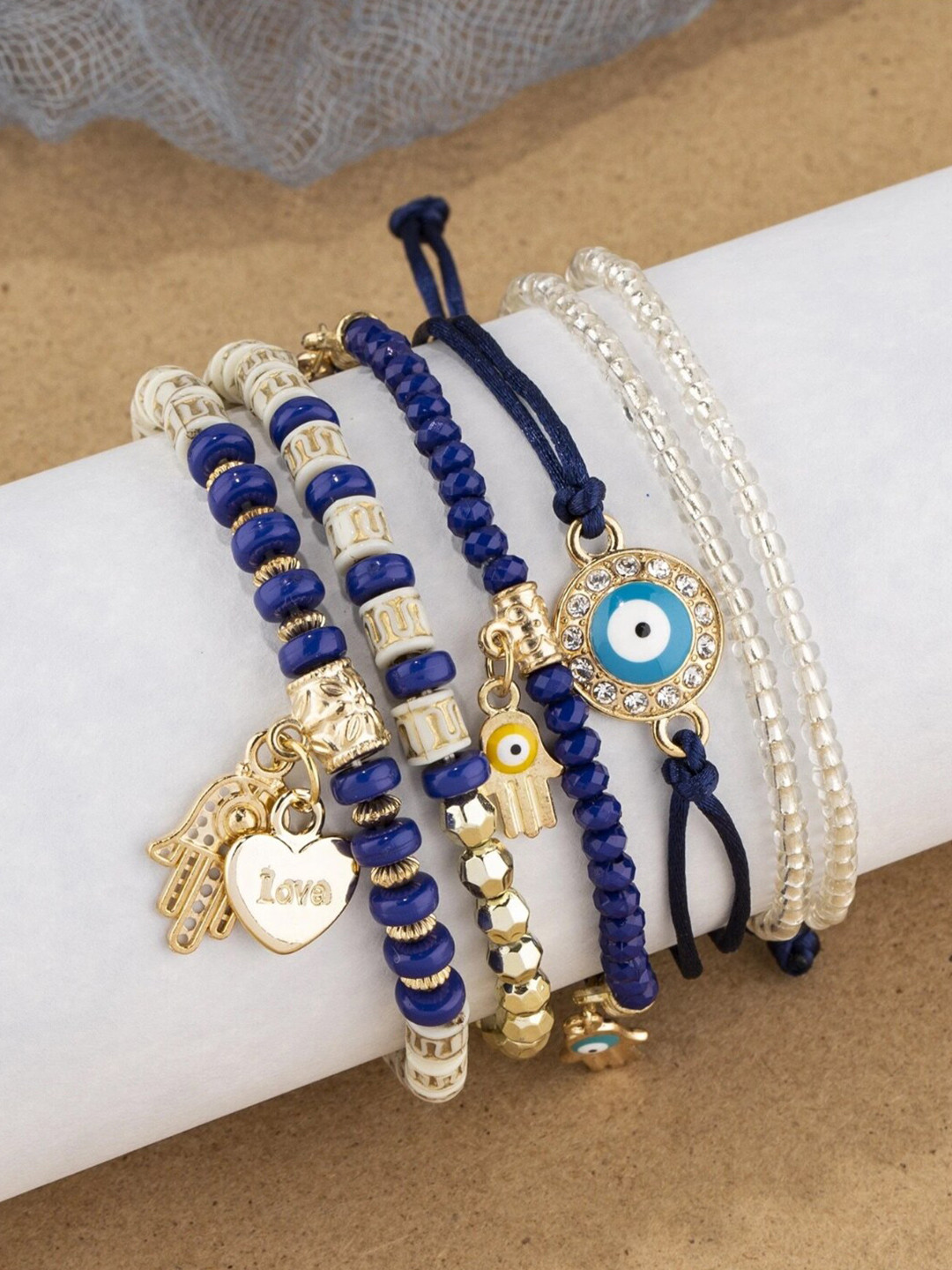 

DressBerry Gold-Toned & Blue Set Of 6 Gold-Plated Stone-Studded & Beads Beaded Bracelet
