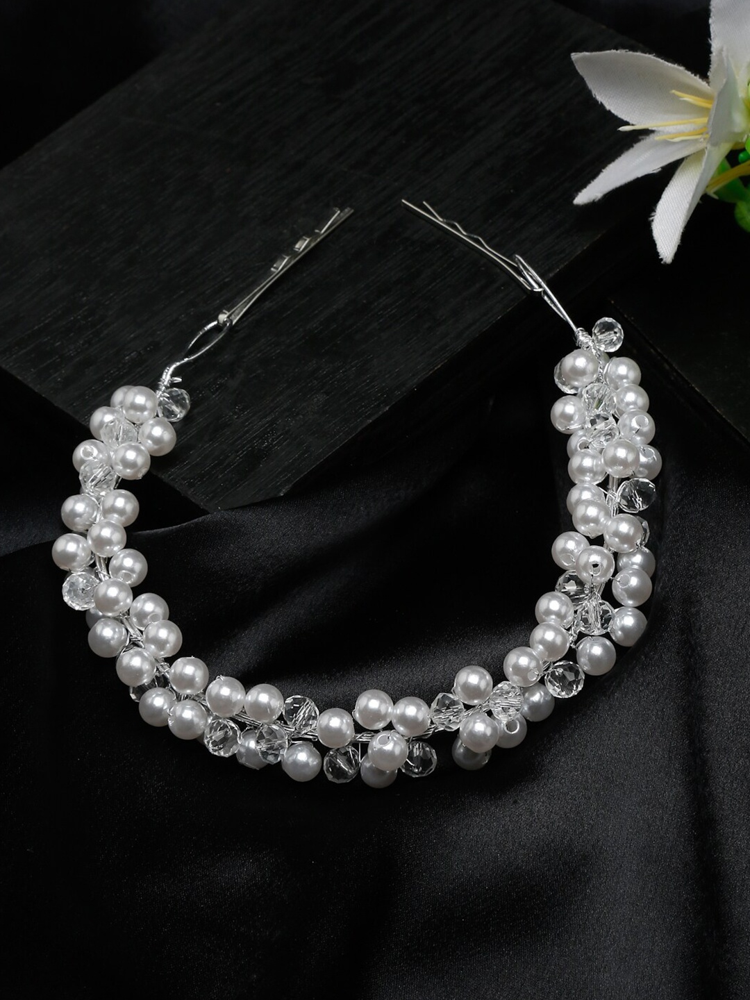 

DressBerry White Beaded Floral Shape Tiara, Silver