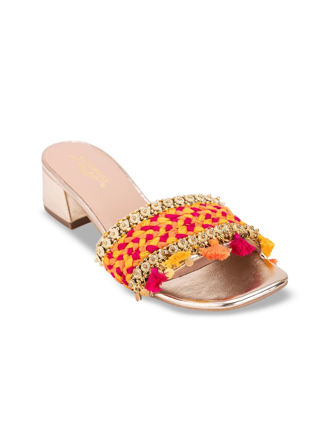 

5 ELEMENTS Embellished Open Toe Block Heels, Gold