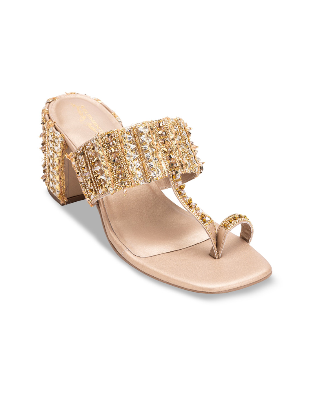 

5 ELEMENTS Embellished Open Toe Block Heels, Gold