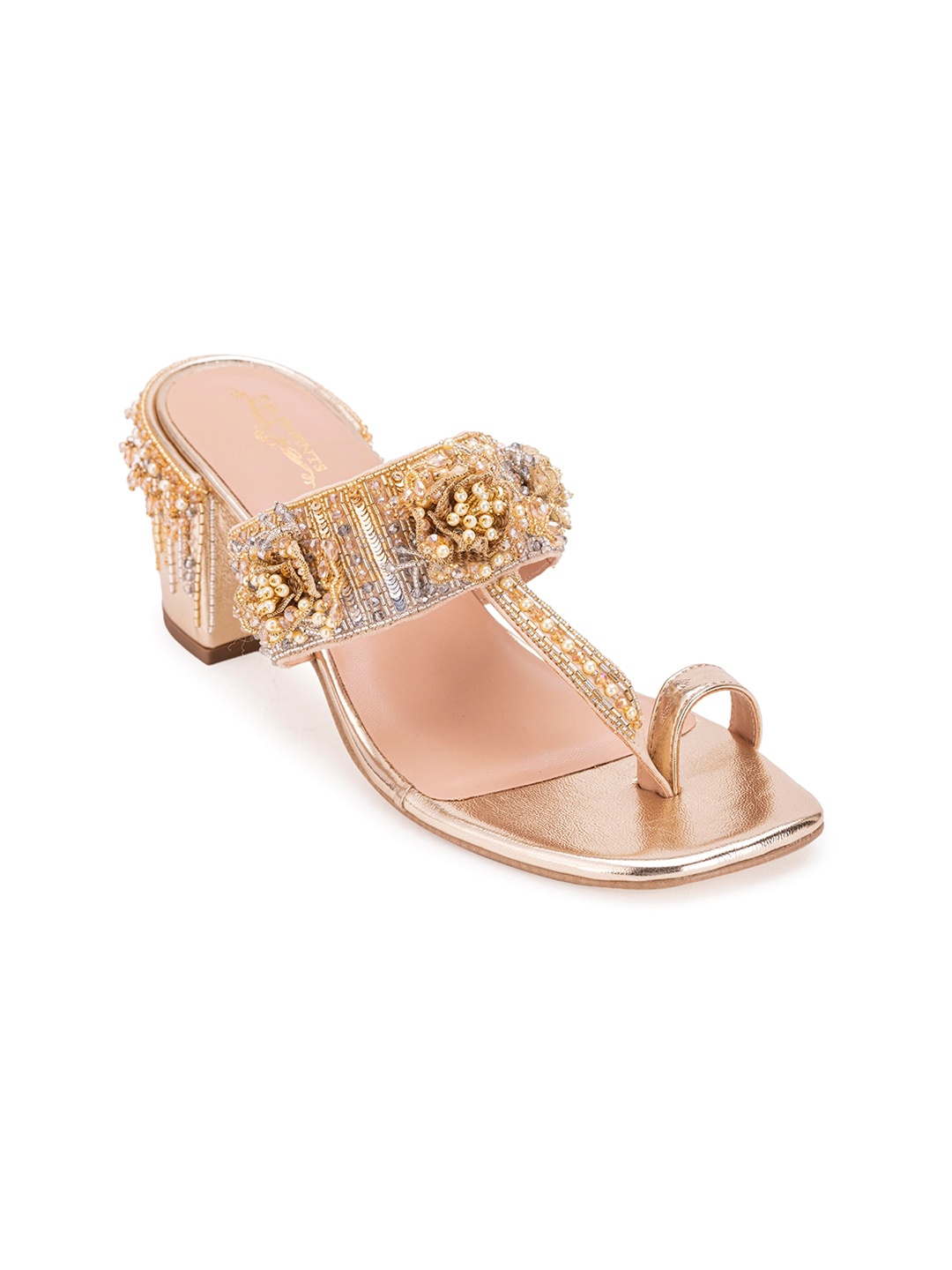 

5 ELEMENTS Embellished Open Toe Block Heels, Gold