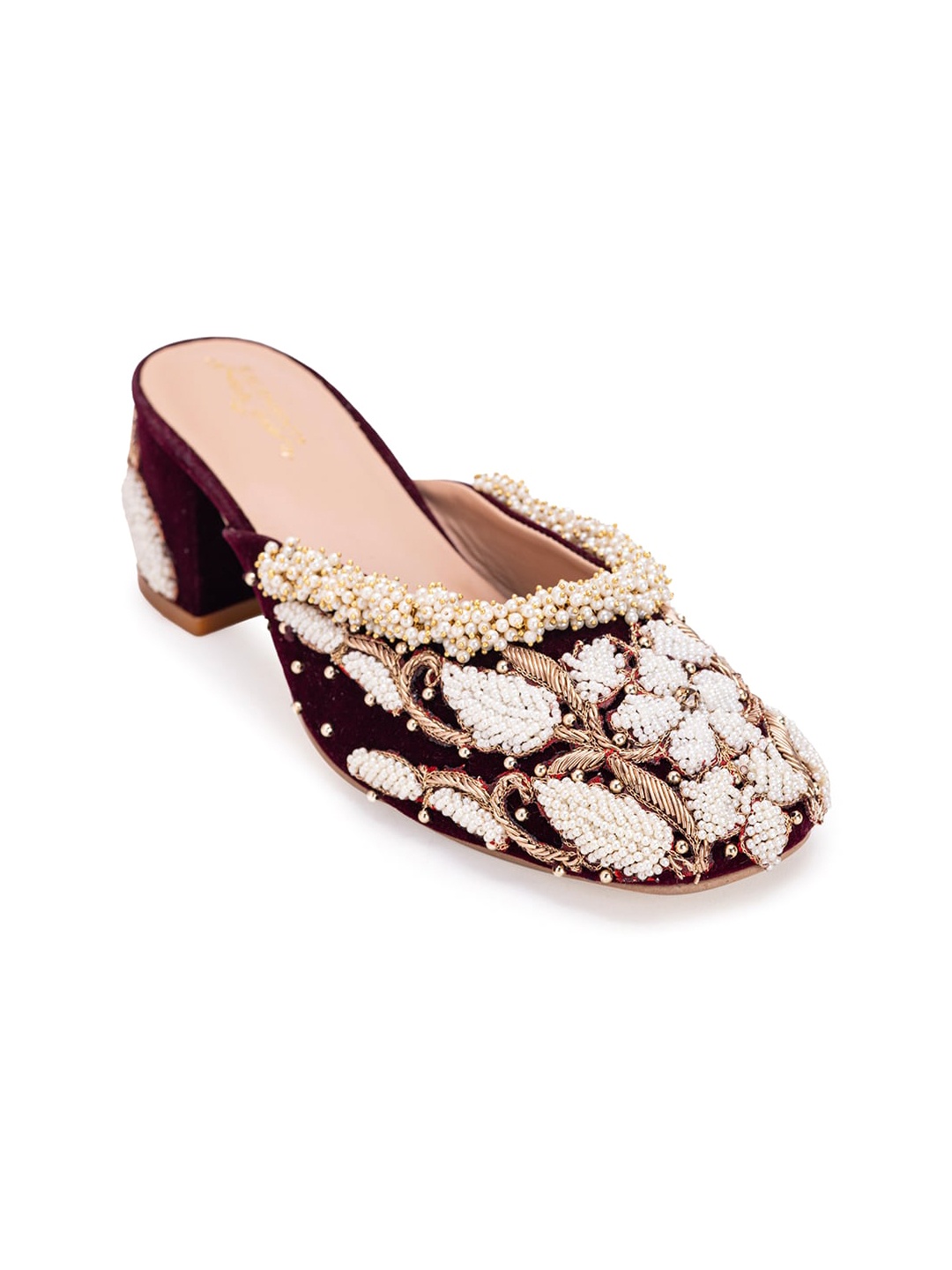 

5 ELEMENTS Embellished Round Toe Block Heels Pumps, Maroon