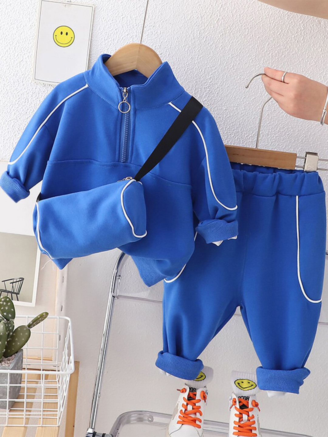 

INCLUD Boys Stand Collar Pullover with Trousers & Slingbag, Blue