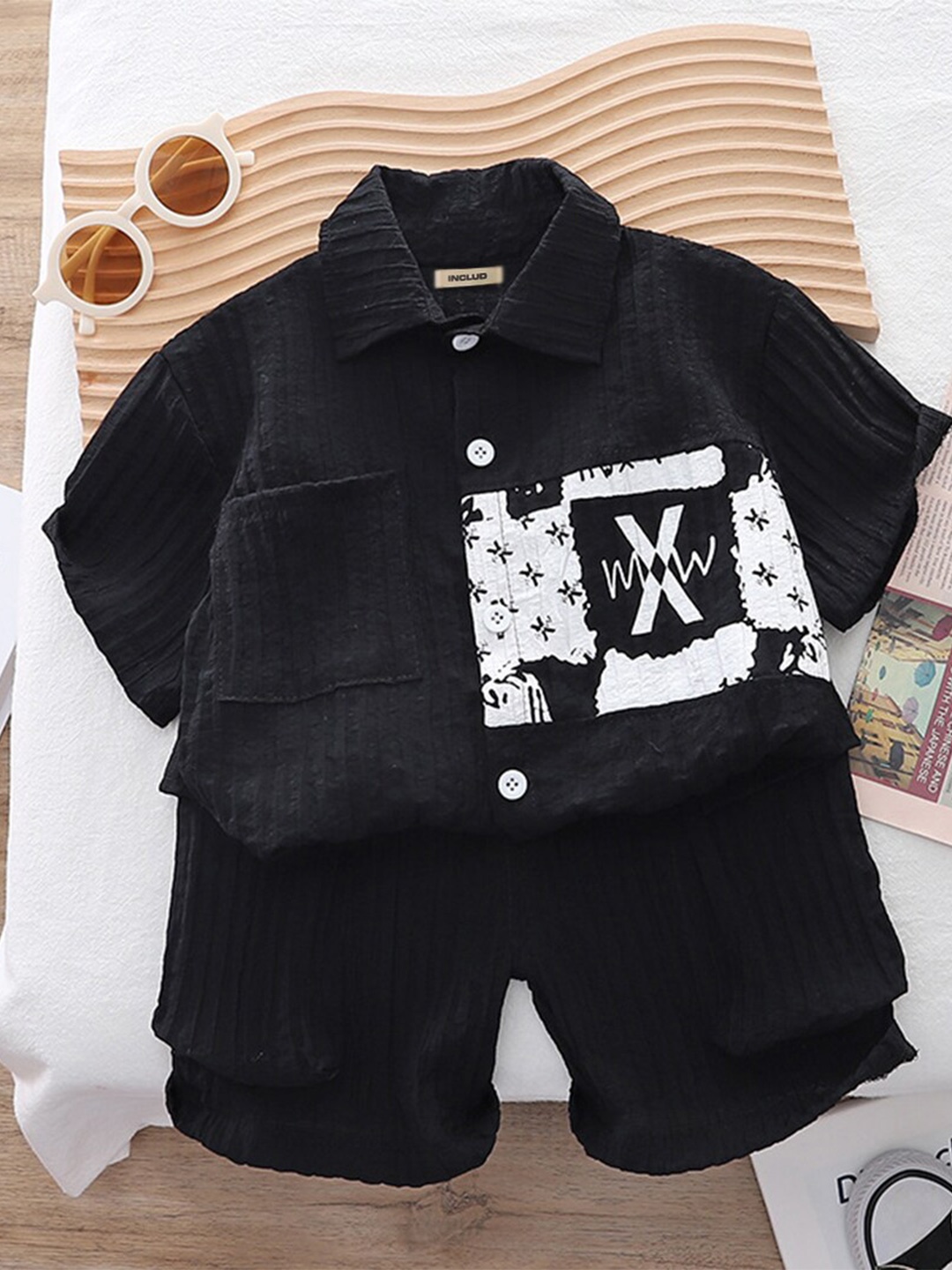 

INCLUD Boys Printed Shirt with Shorts, Black