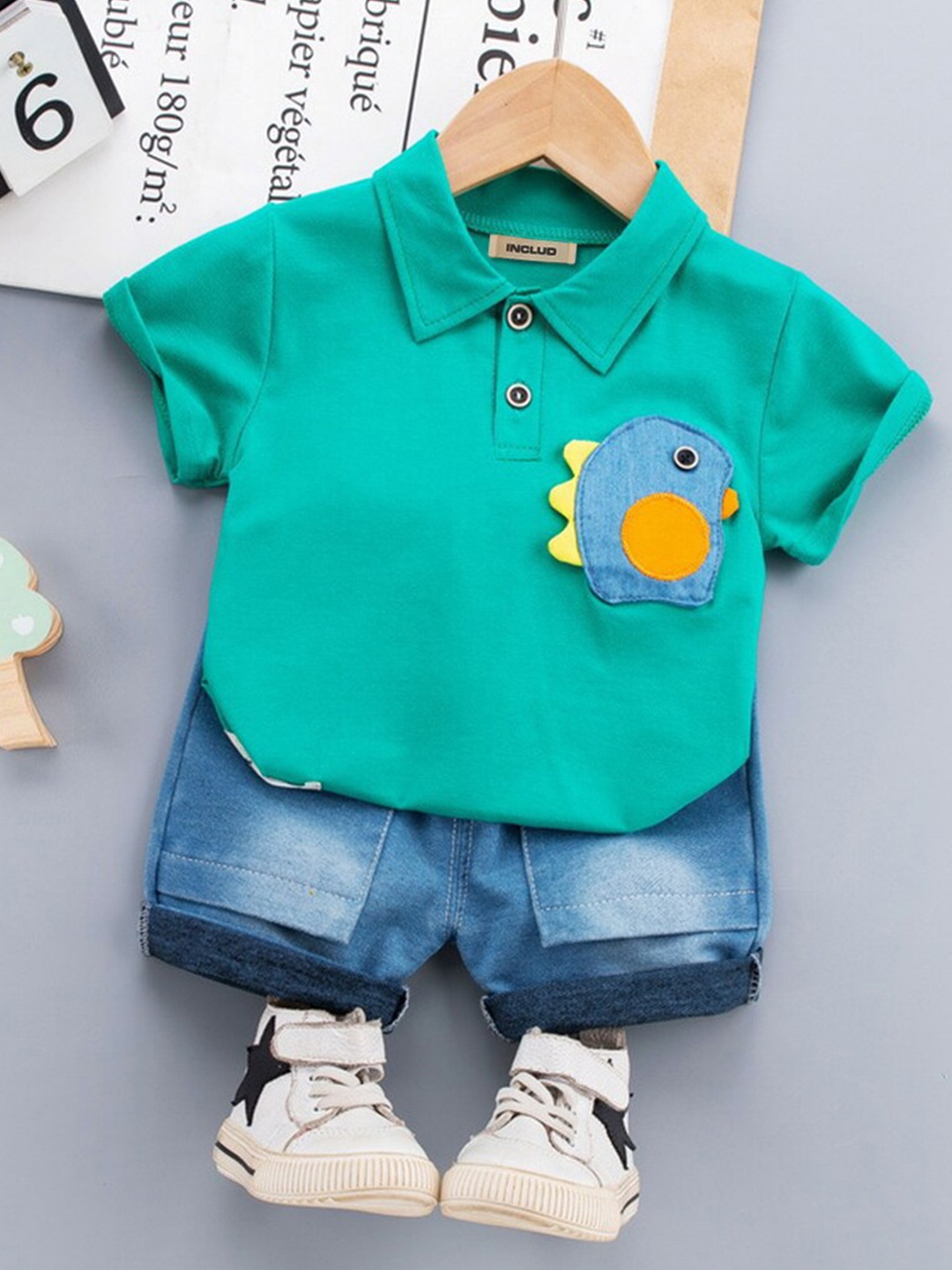 

INCLUD Infant Boys Polo Collar T-shirt with Denim Shorts, Green