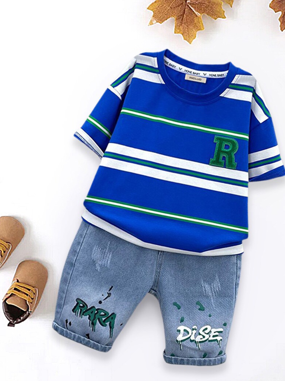 

INCLUD Infant Boys Striped T-shirt with Denim Shorts, Blue