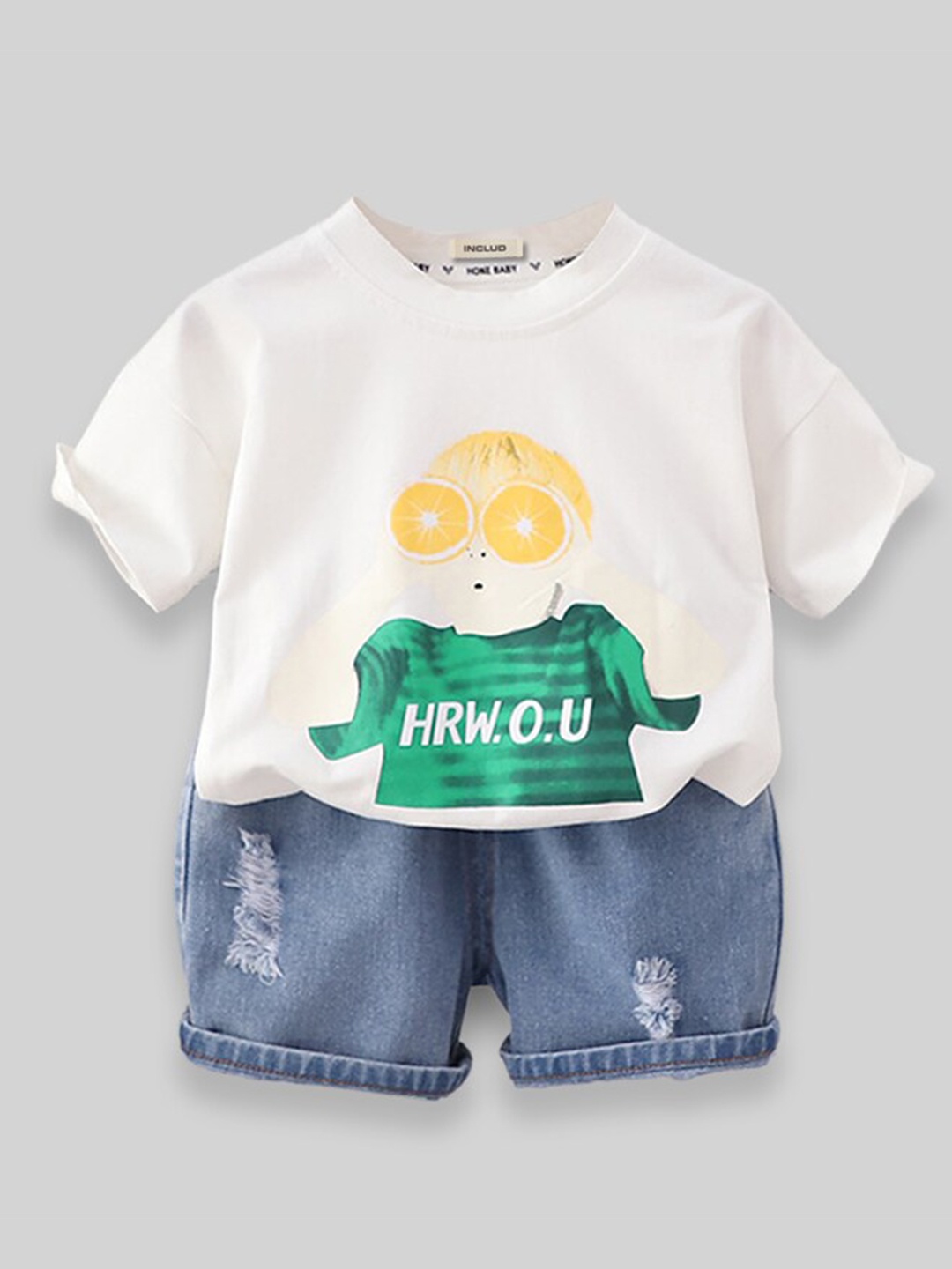 

INCLUD Infant Boys Printed T-shirt with Denim Shorts, White