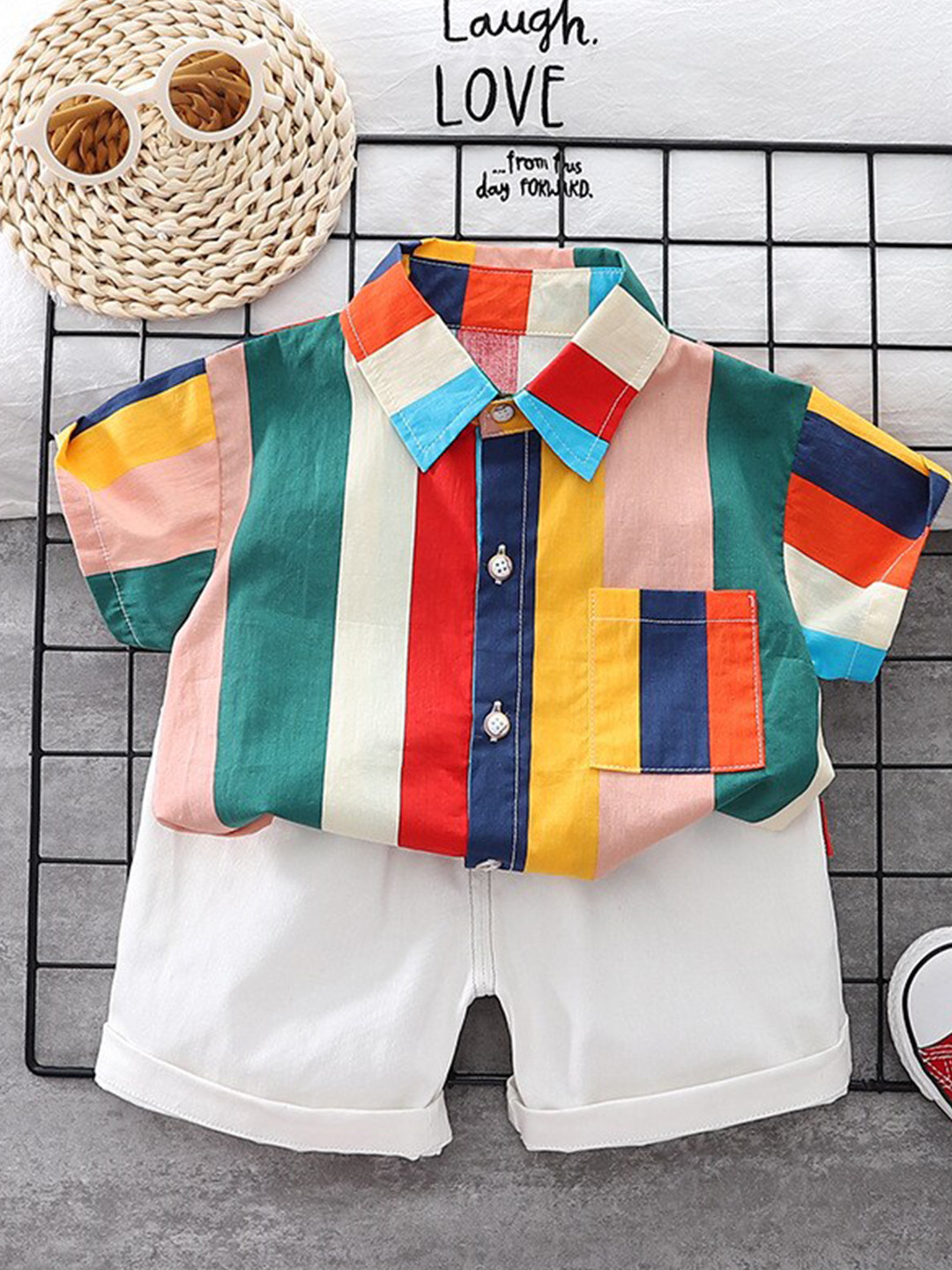 

INCLUD Boys Striped Shirt with Shorts, White