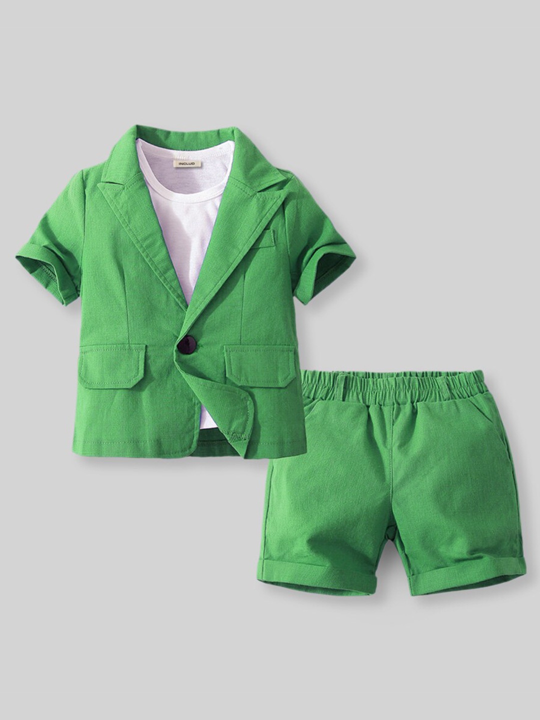 

INCLUD Boys Round Neck T-shirt And Blazer With Shorts, Green
