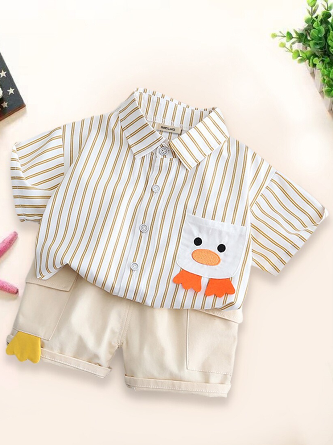 

INCLUD Boys Striped Shirt With Shorts, Beige