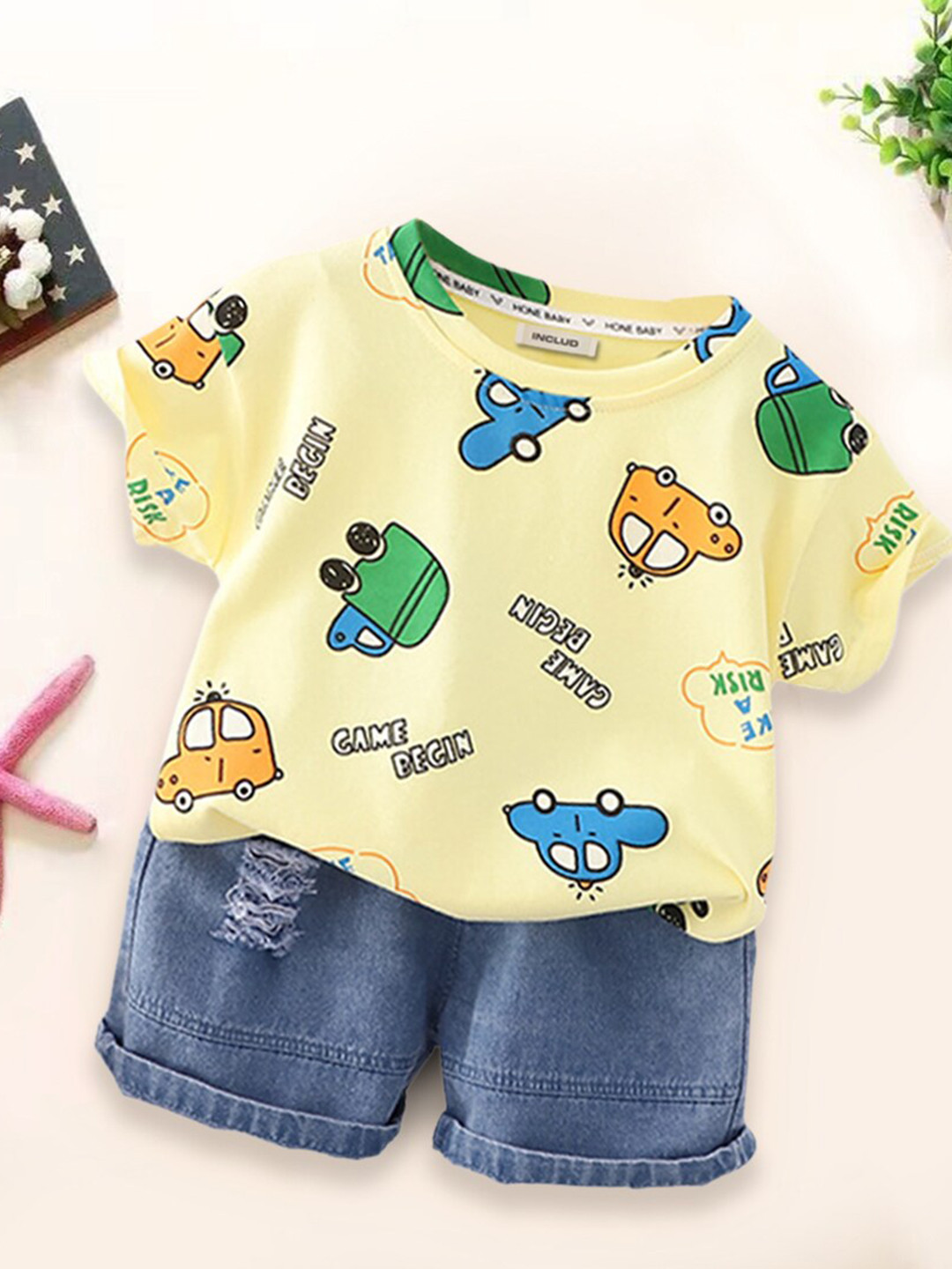 

INCLUD Infant Boys Printed T-shirt with Denim Shorts, Yellow