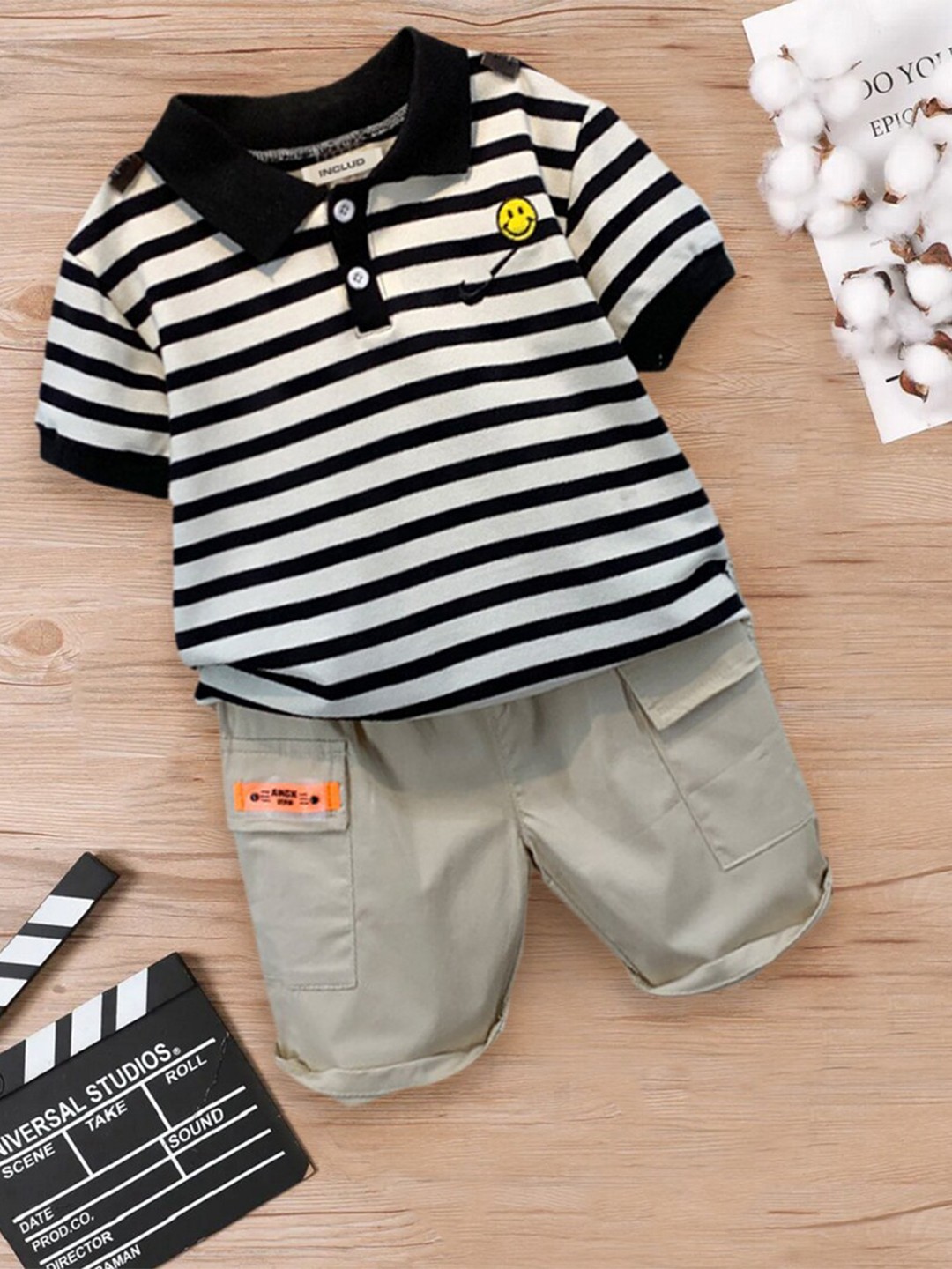 

INCLUD Boys Striped Polo Collar T-shirt With Shorts, Black