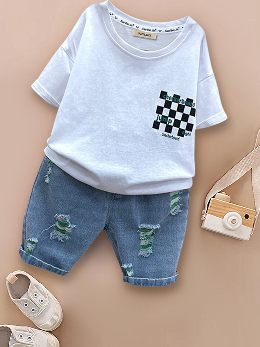 

INCLUD Infant Boys Printed T-shirt with Distressed Denim Shorts, White