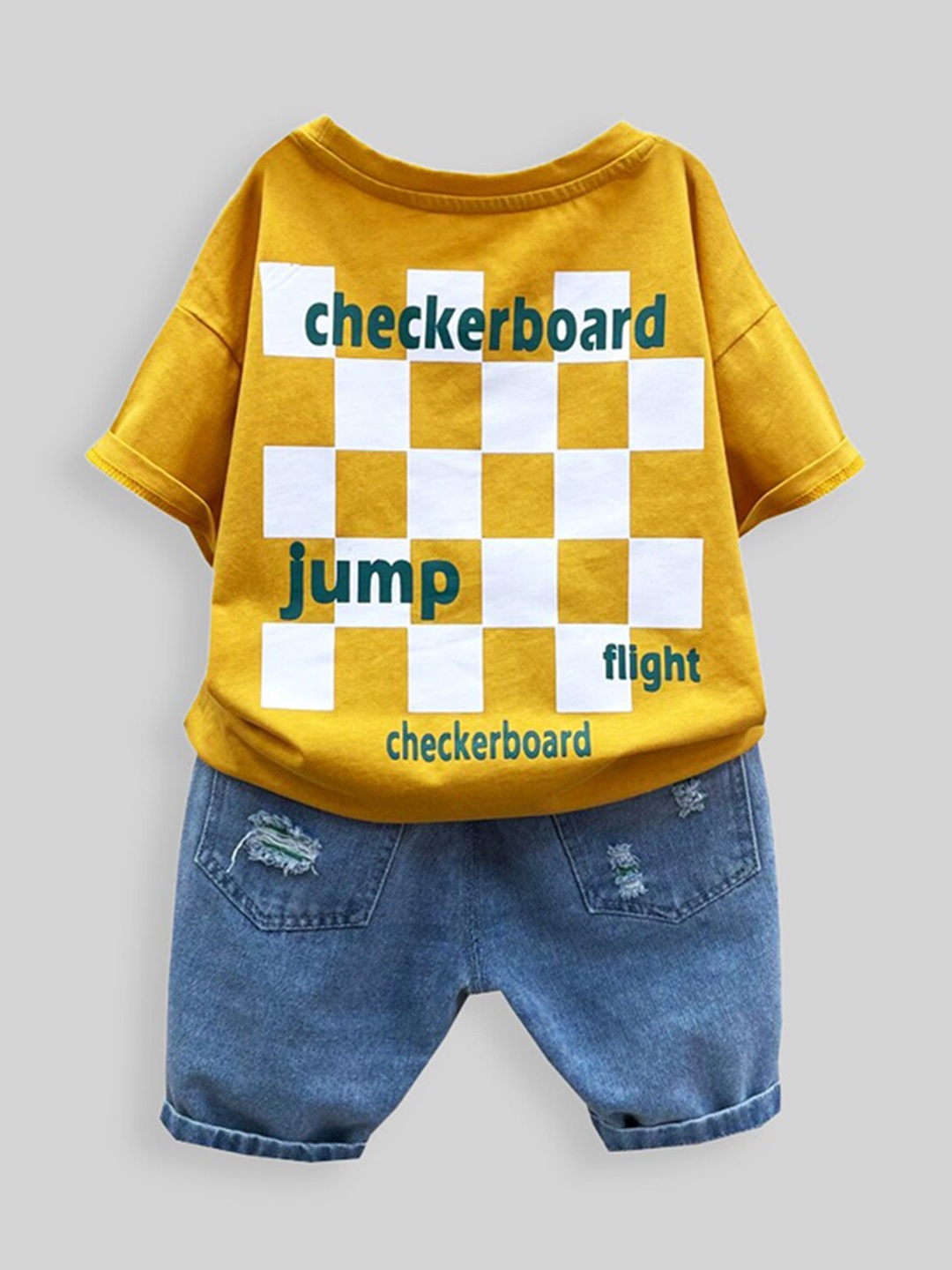 

INCLUD Infant Boys Printed T-shirt with Distressed Denim Shorts, Yellow