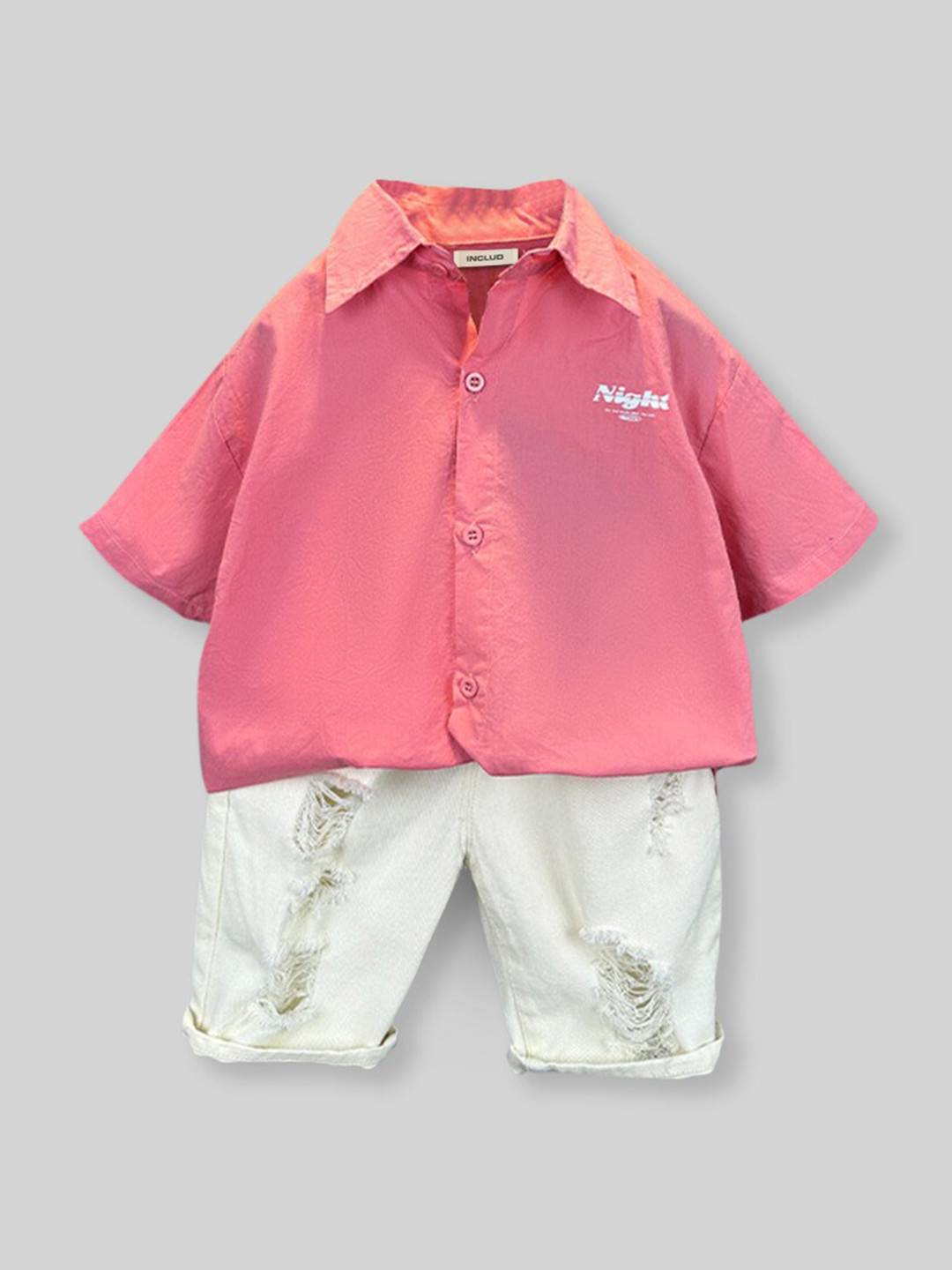 

INCLUD Infant Boys Printed Shirt with Distressed Shorts, Pink