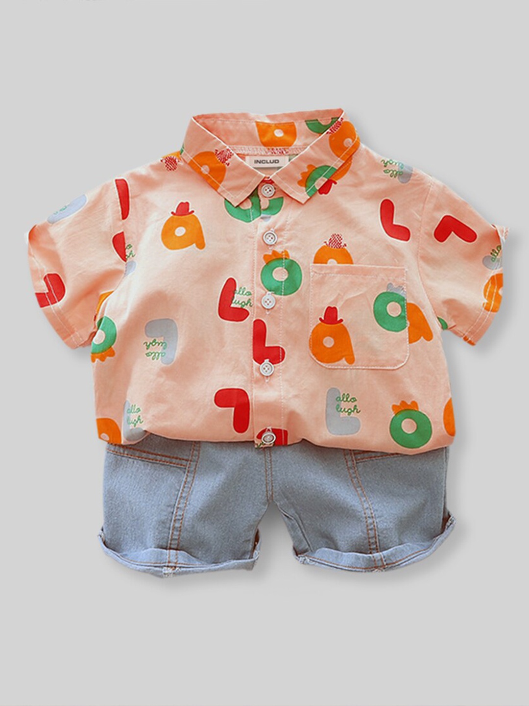 

INCLUD Boys Printed Shirt With Shorts, Peach