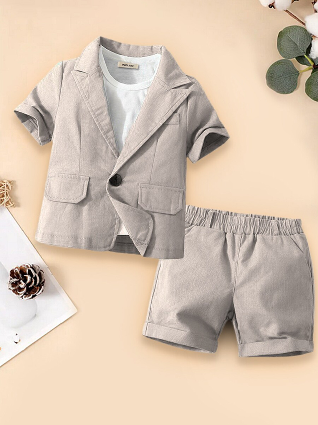 

INCLUD Boys Round Neck T-shirt And Blazer With Shorts, Beige