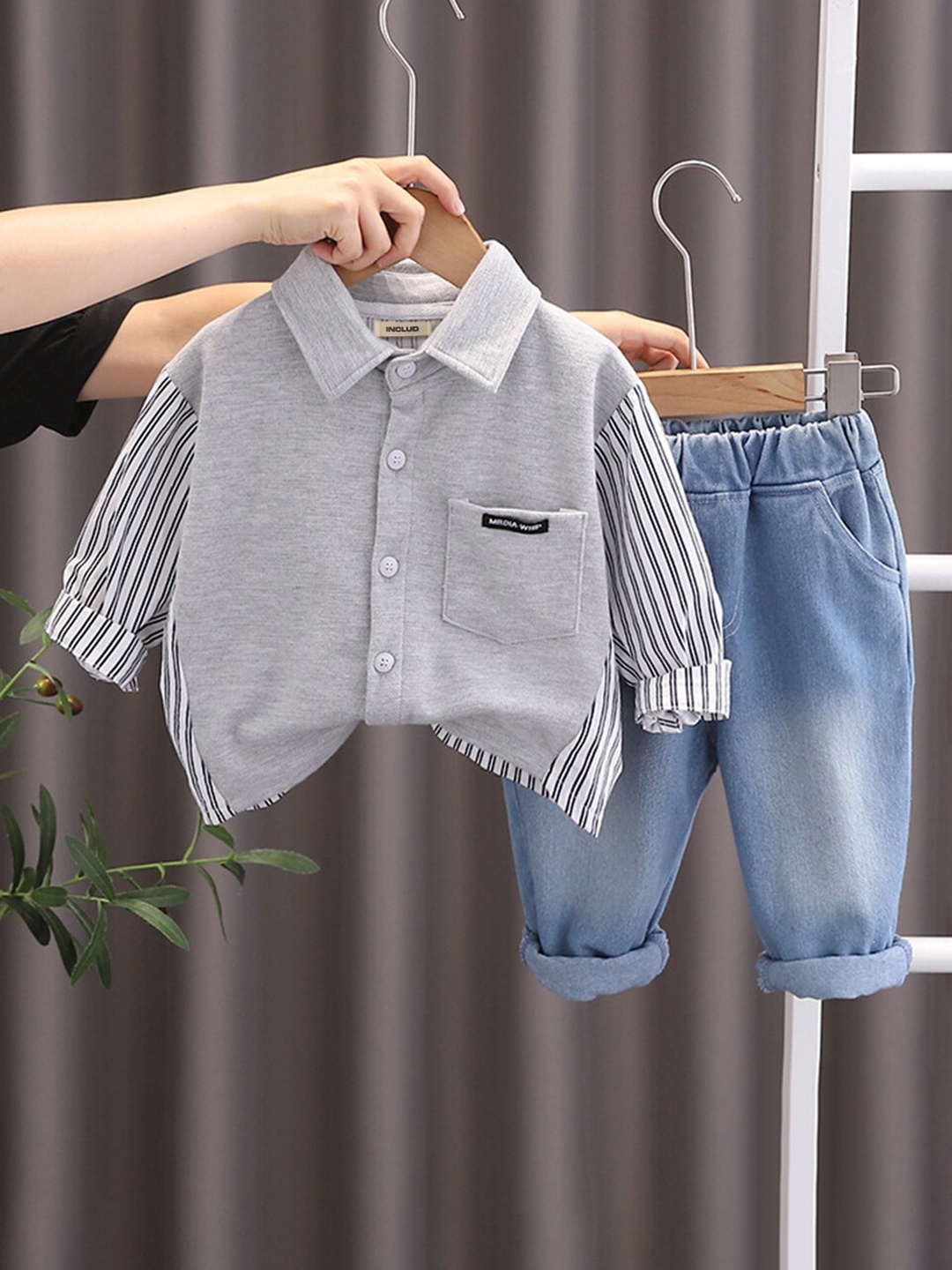 

INCLUD Infant Boys Striped Shirt with Denims Trousers, Grey