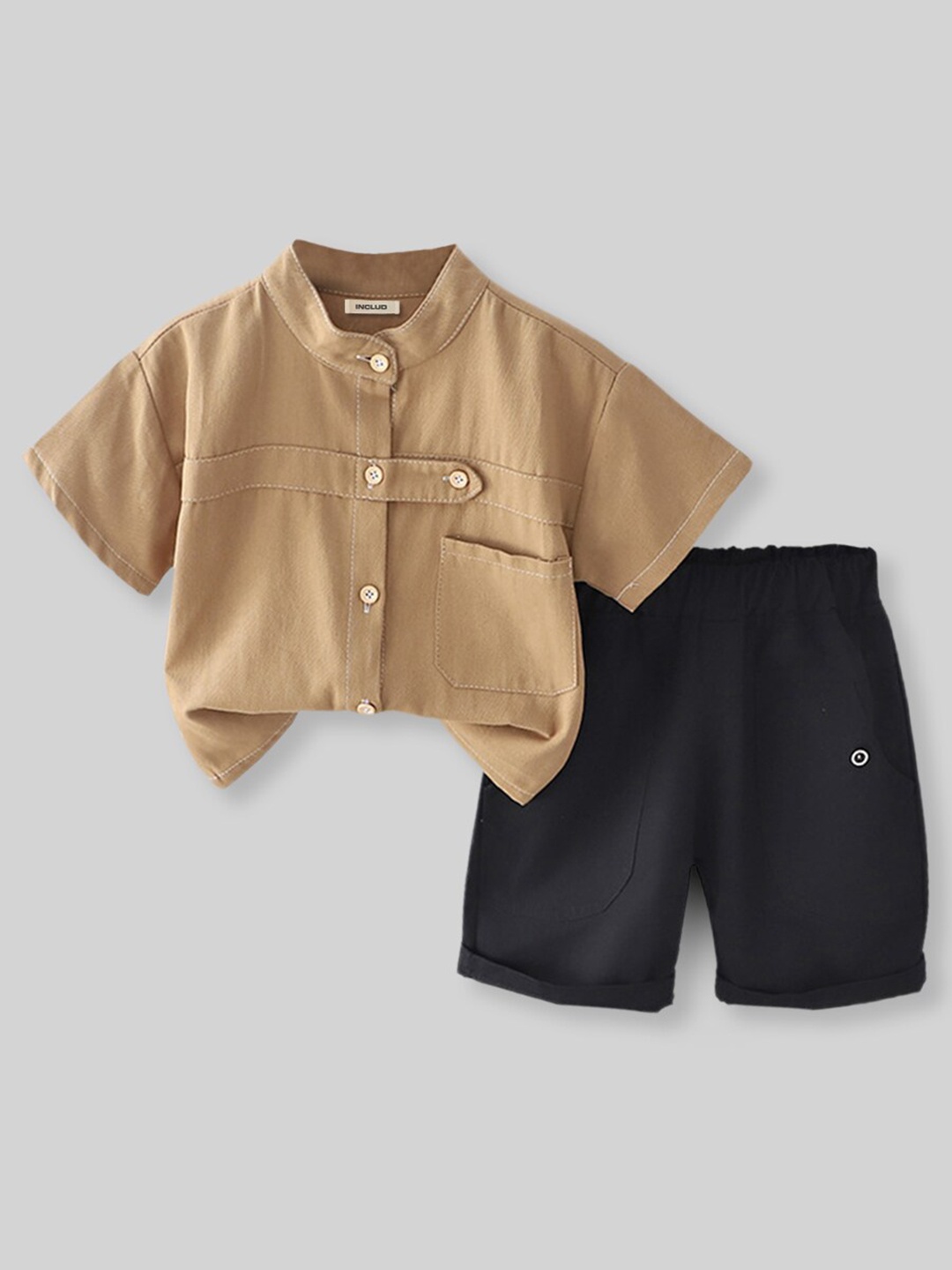 

INCLUD Infant Boys Mandarin Collar Shirt with Shorts, Beige