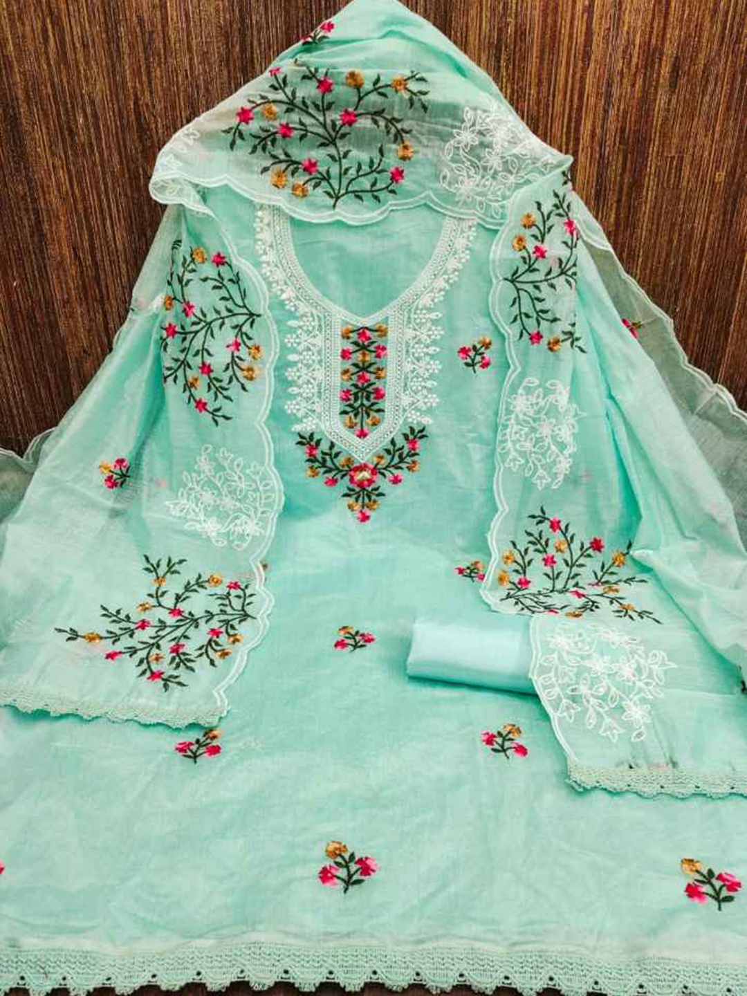 

faxofab Floral Embroidered Silk Georgette Unstitched Dress Material, Blue