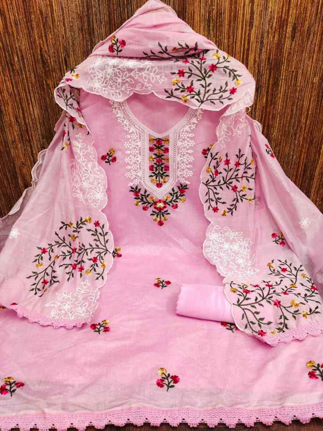 

faxofab Floral Embroidered Silk Georgette Unstitched Dress Material, Pink