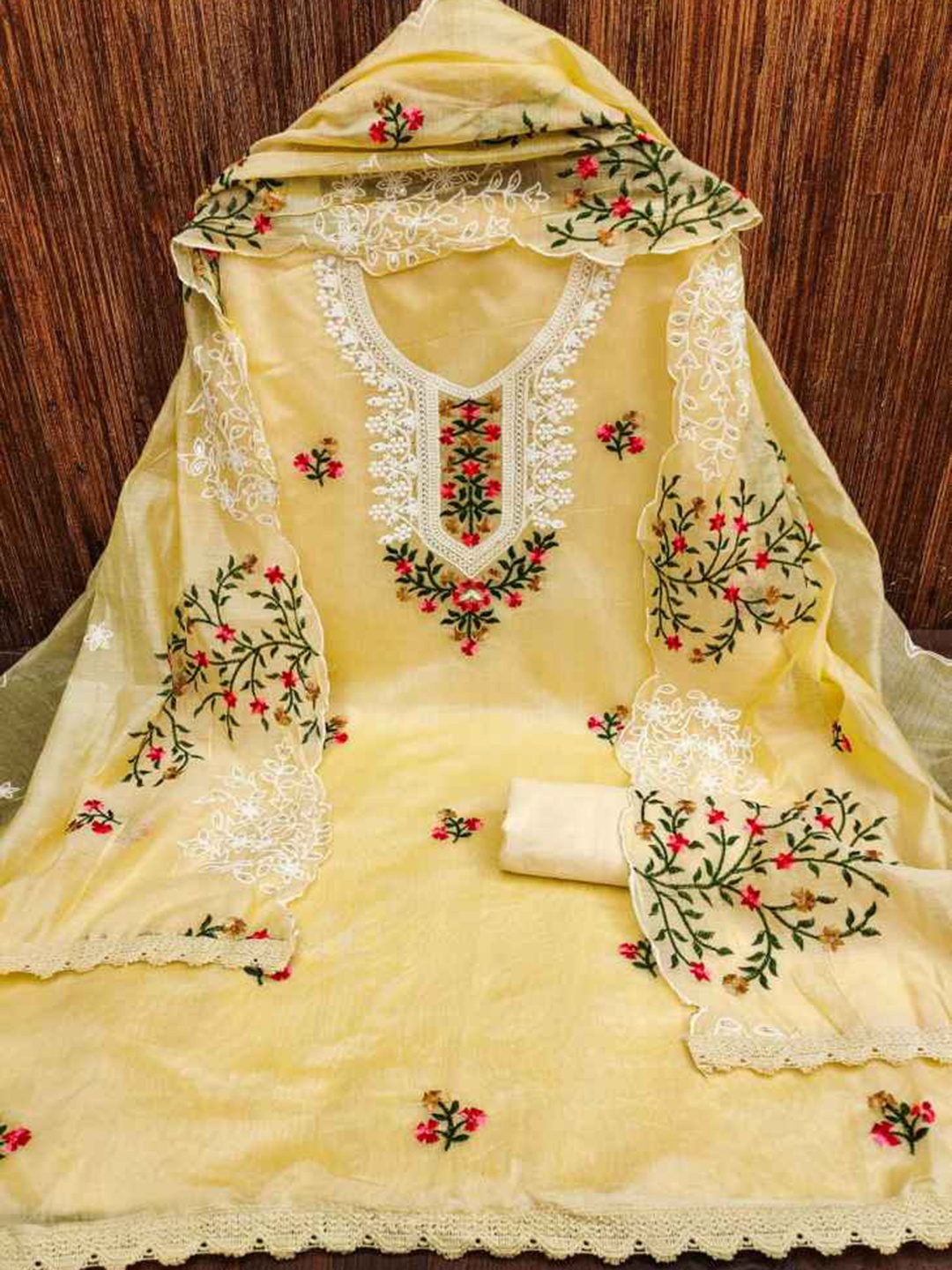 

faxofab Floral Embroidered Silk Georgette Unstitched Dress Material, Yellow