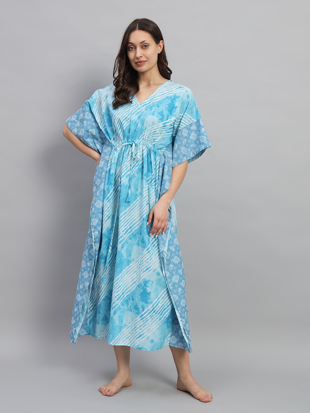

HANDICRAFT PALACE Striped Pure Cotton Maxi Kaftan Nightdress, Turquoise blue