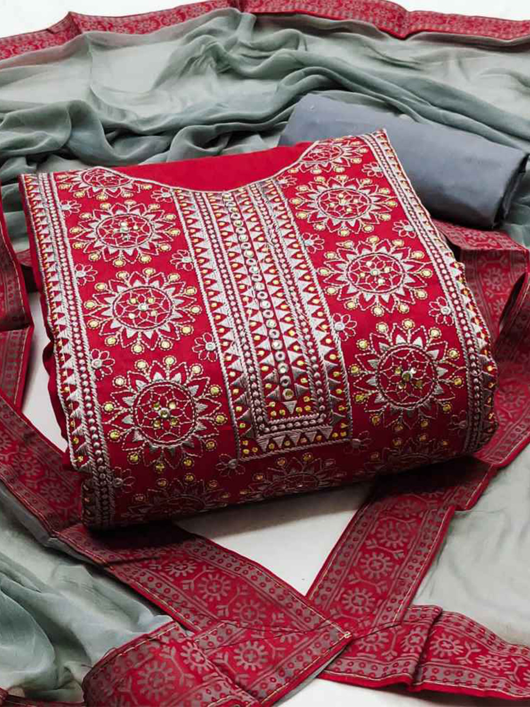 

faxofab Ethnic Motifs Embroidered Zari Unstitched Dress Material, Red