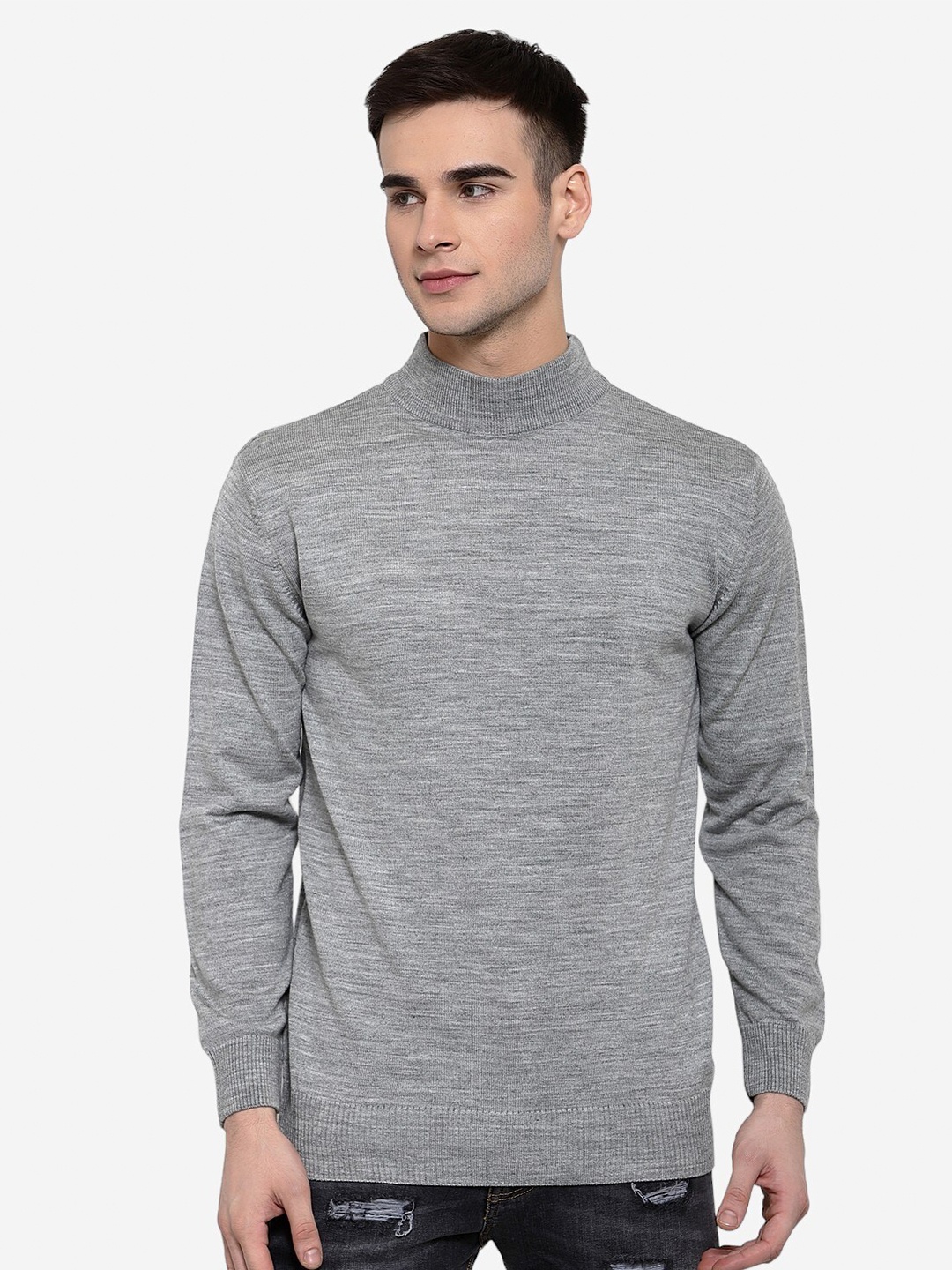 

513 Mock Collar Acrylic Pullover Sweater, Grey