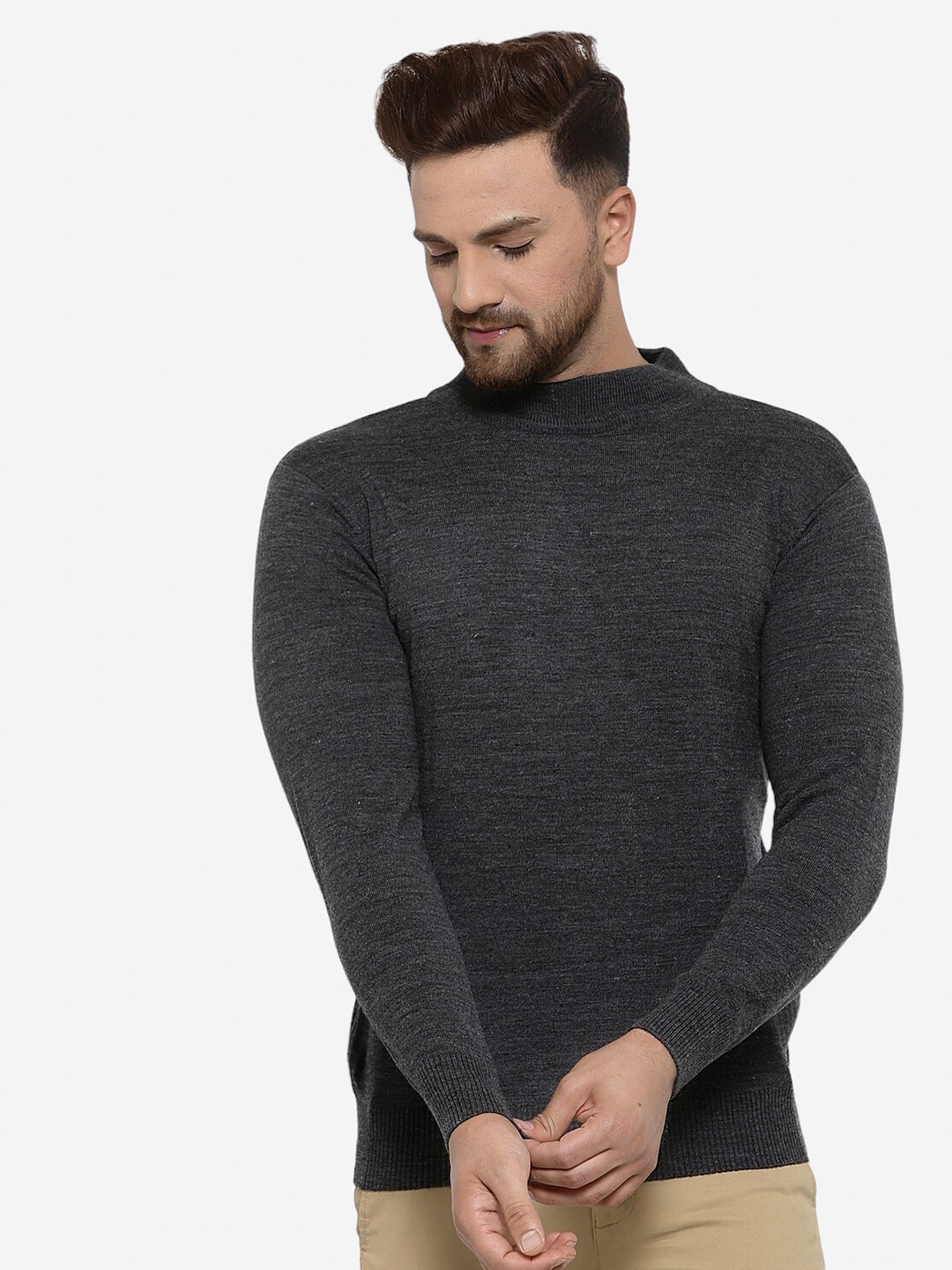 

513 Mock Collar Acrylic Pullover Sweater, Charcoal