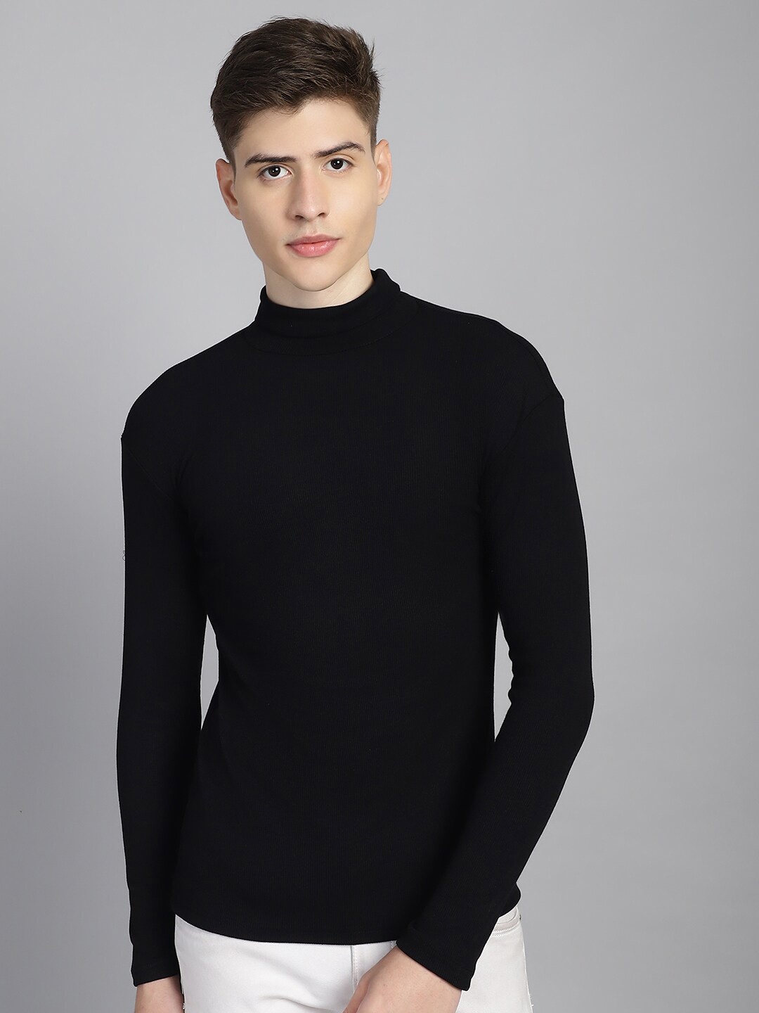 

urSense Ribbed High Neck Long Sleeves Cotton Slim Fit T-shirt, Black